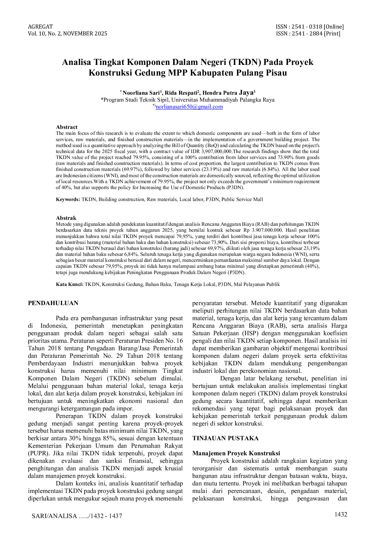 JURIS Analisa Tingkat Komponen Dalam Negeri TKDN Pada Proyek Konstruksi Gedung MPP Kabupaten Pulang Pisau