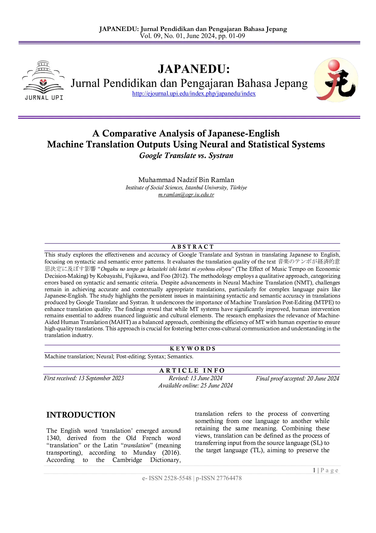 JURIS A Comparative Analysis of Japanese English Machine Translation Outputs Using Neural and Statistical Systems Google Translate vs Systran