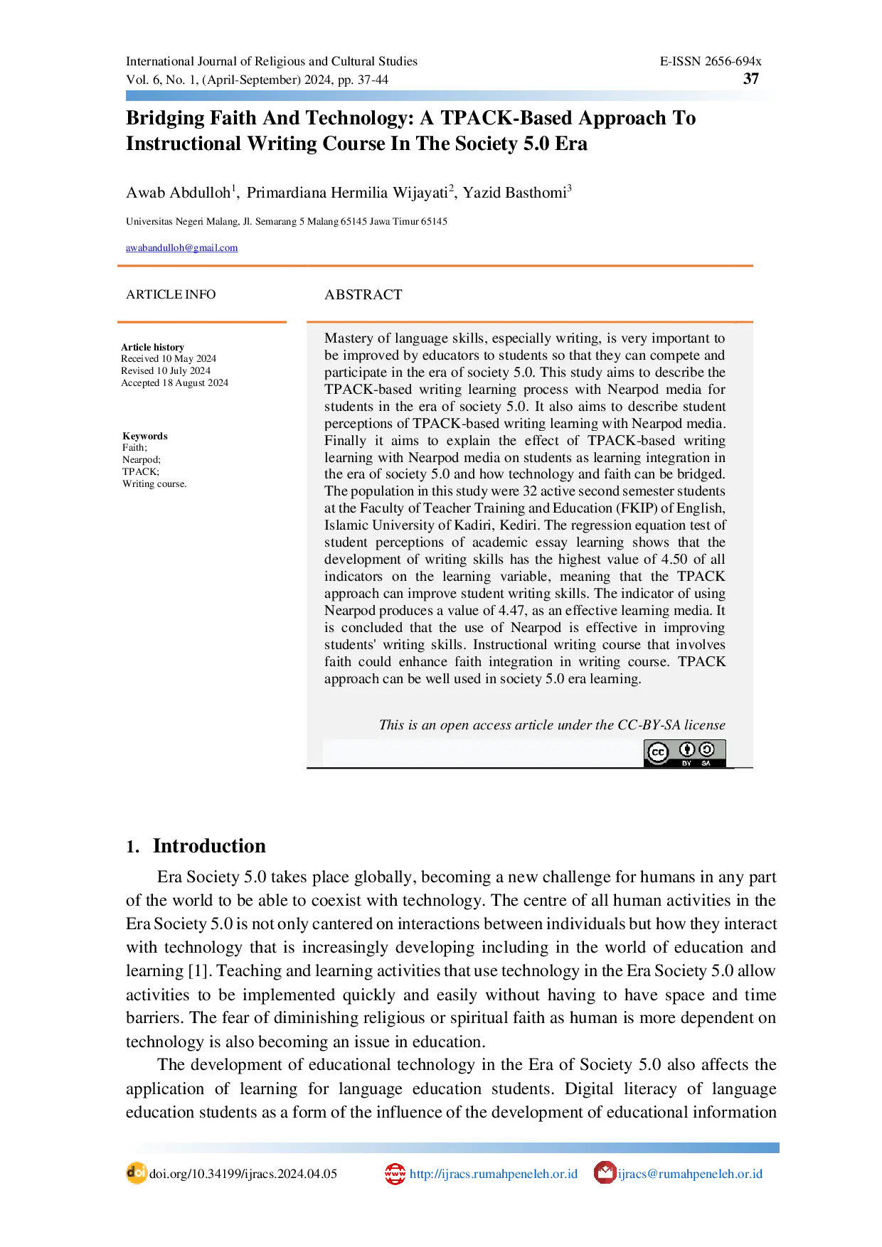 juris Bridging Faith And Technology A TPACK Based Approach ToInstructional Writing Course In The Society 5 0 Era