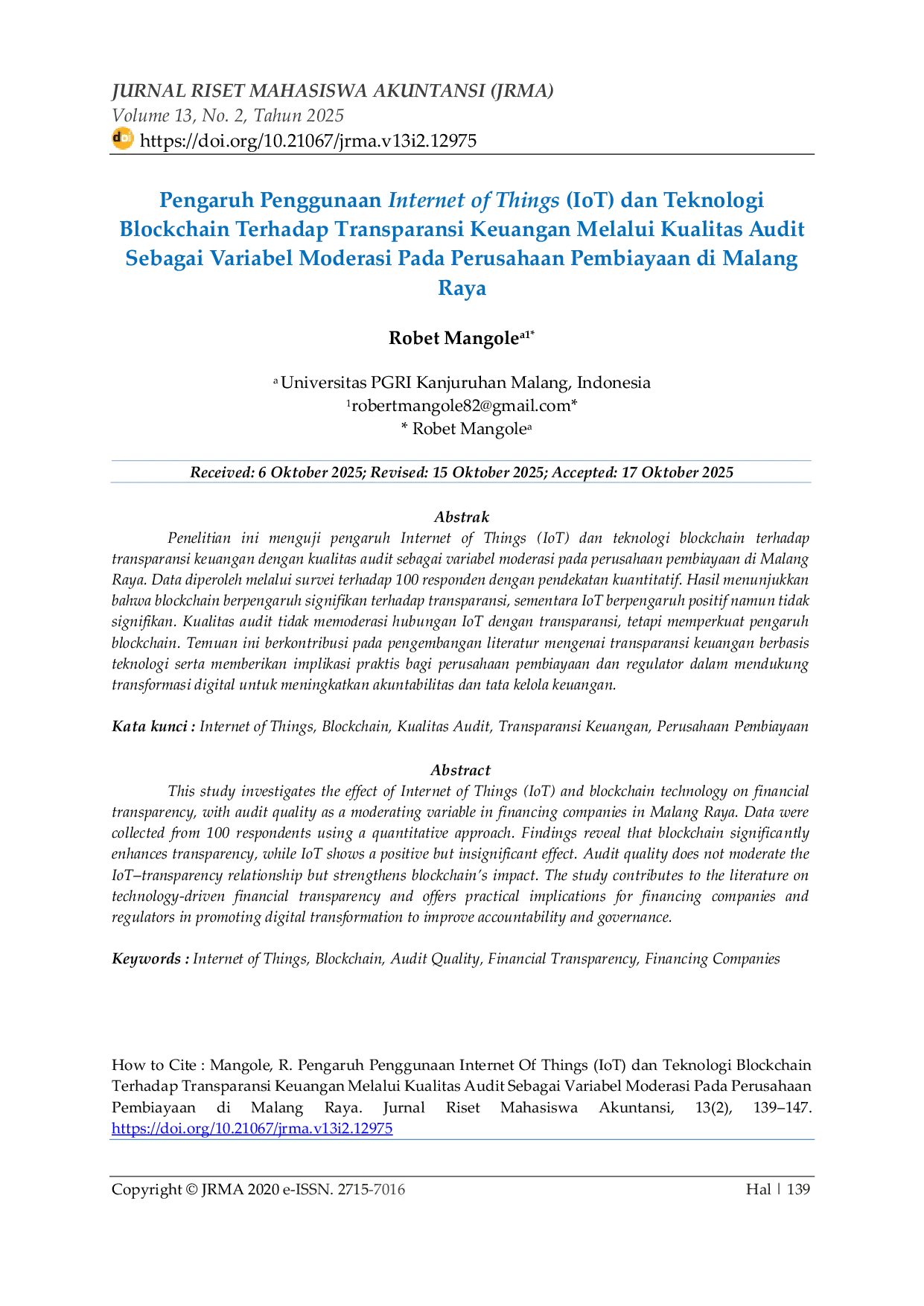 JURIS Pengaruh Penggunaan Internet Of Things IoT dan Teknologi Blockchain Terhadap Transparansi Keuangan Melalui Kualitas Audit Sebagai Variabel Moderasi Pada Perusahaan Pembiayaan di Malang Raya