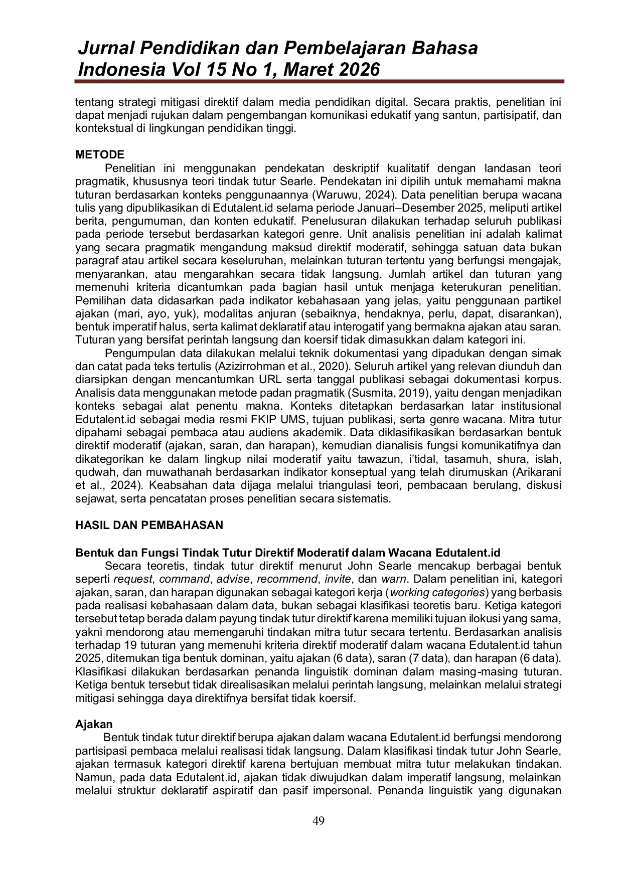JURIS Tindak Tutur Direktif Moderatif Dalam Wacana Edutalent Id