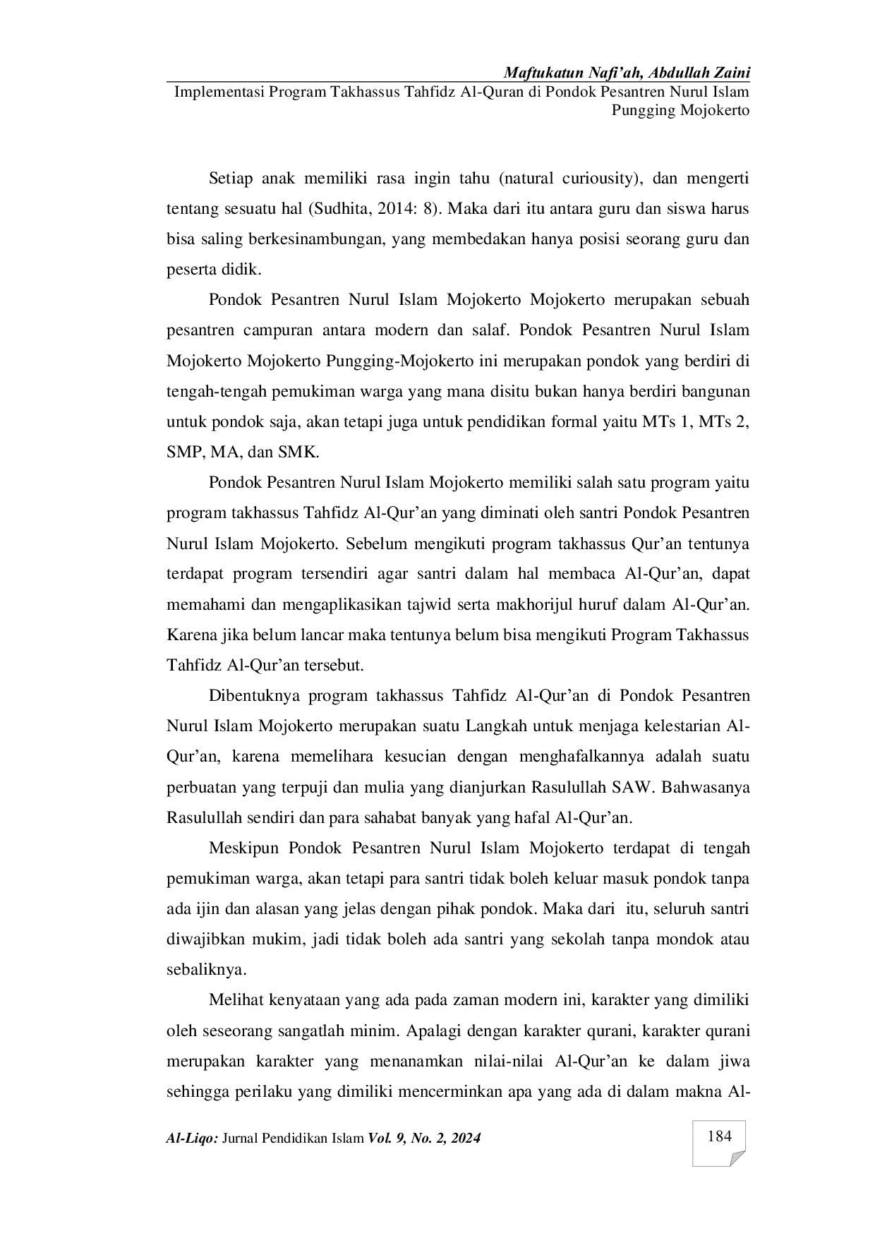 JURIS Implementasi Program Takhassus Tahfidz Al Quran Di Pondok Pesantren Nurul Islam Pungging Mojokerto