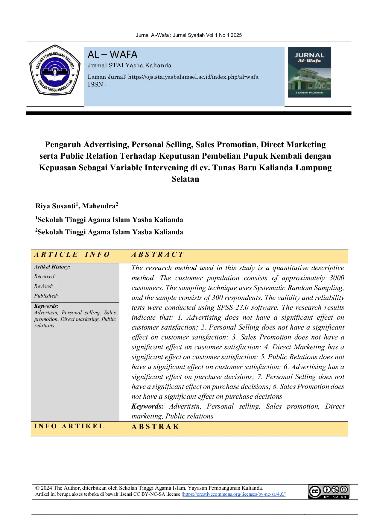 JURIS Pengaruh Advertising Personal Selling Sales Promotian Direct Marketing serta Public Relation Terhadap Keputusan Pembelian Pupuk Kembali dengan Kepuasan Sebagai Variable Intervening di cv Tunas Bar