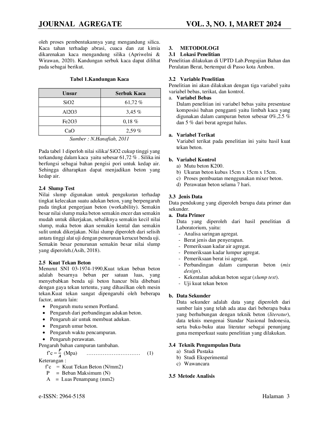 JURIS Pengaruh Penggunaan Serbuk Kaca Sebagai Bahan Pengganti Sebagian Agregat Halus Terhadap Kuat Tekan Beton