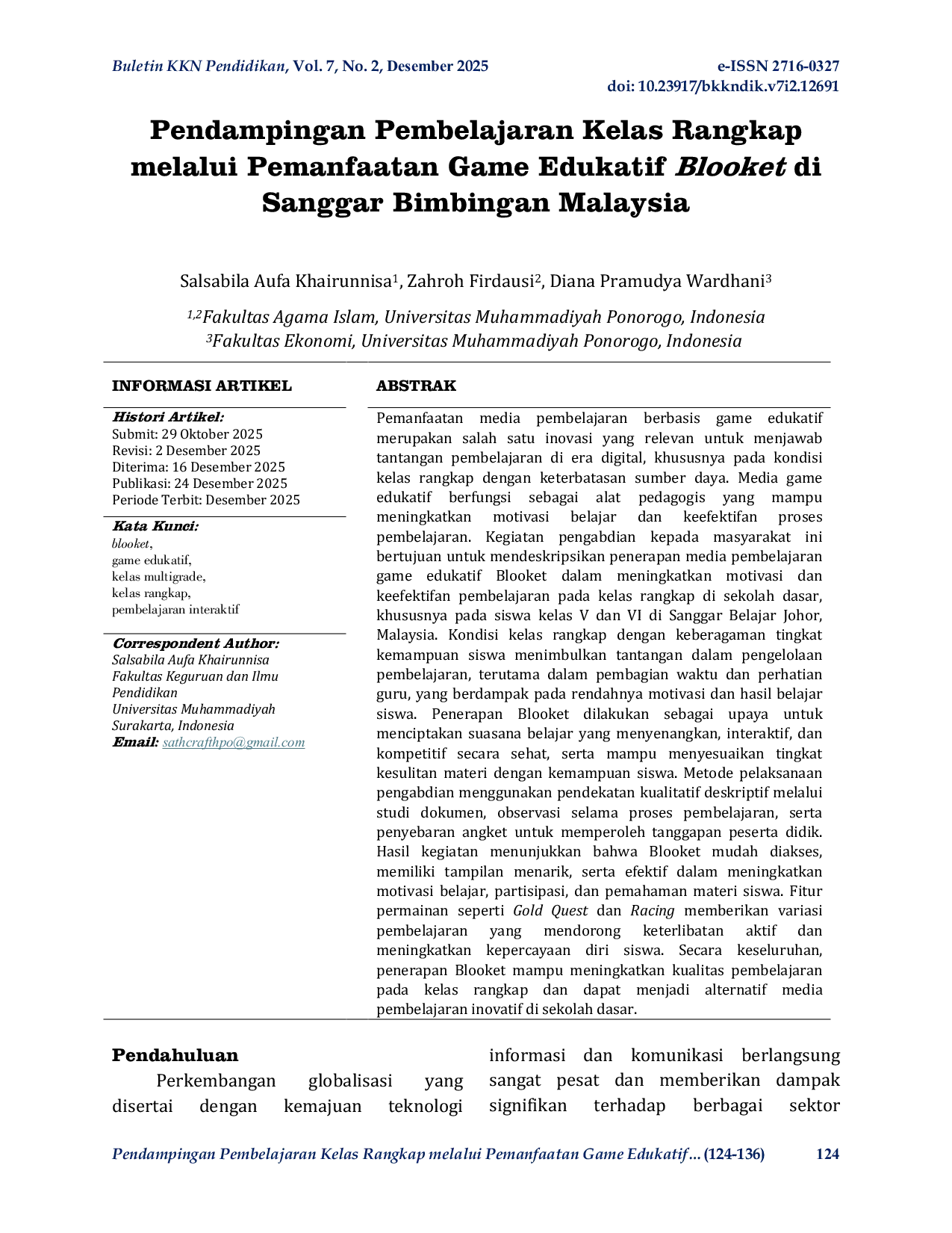 JURIS Pendampingan Pembelajaran Kelas Rangkap melalui Pemanfaatan Game Edukatif Blooket di Sanggar Bimbingan Malaysia