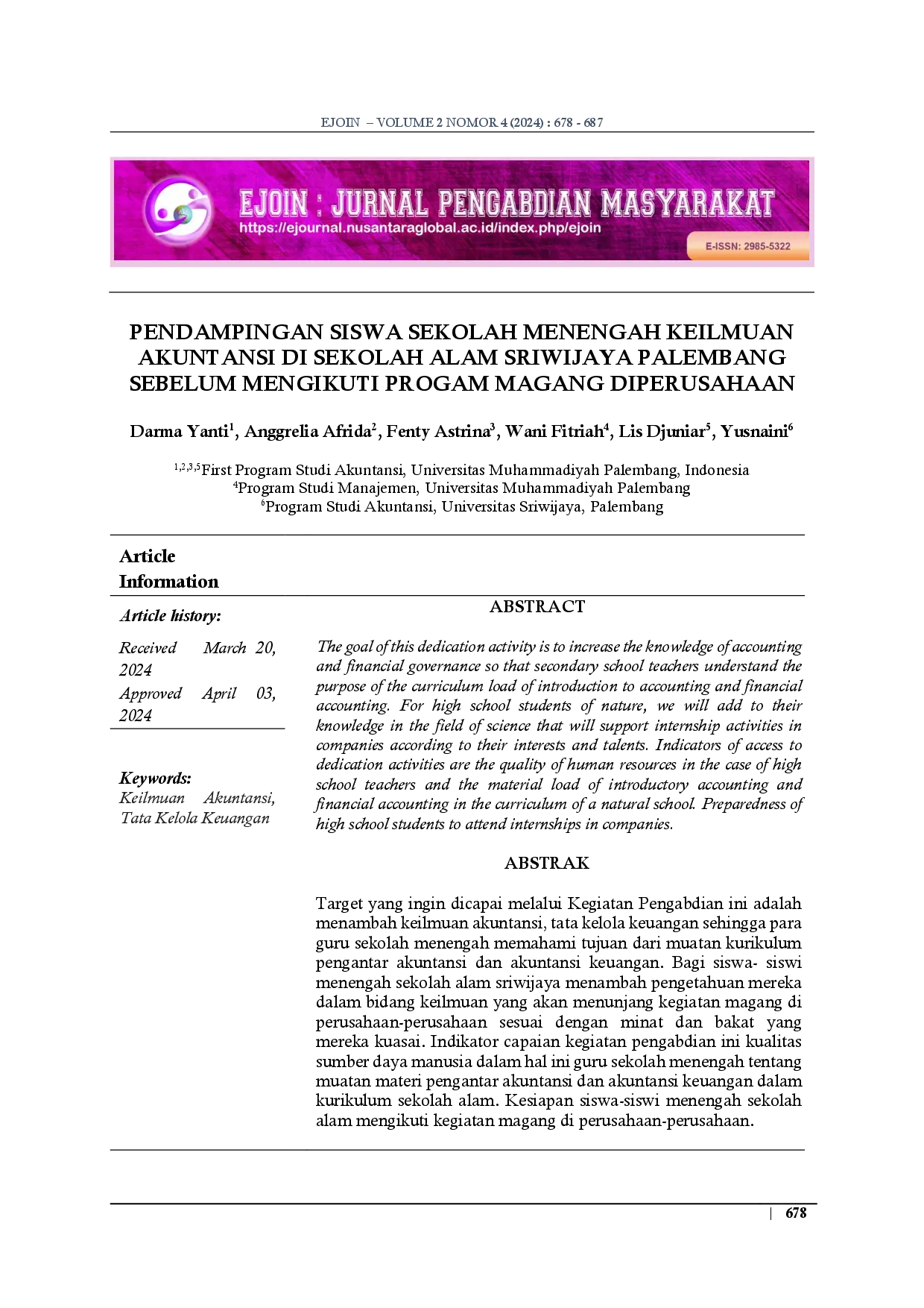 juris Pendampingan Siswa Sekolah Menengah Keilmuan Akuntansi di Sekolah Alam Sriwijaya Palembang Sebelum Mengikuti Program Magang di Perusahaan