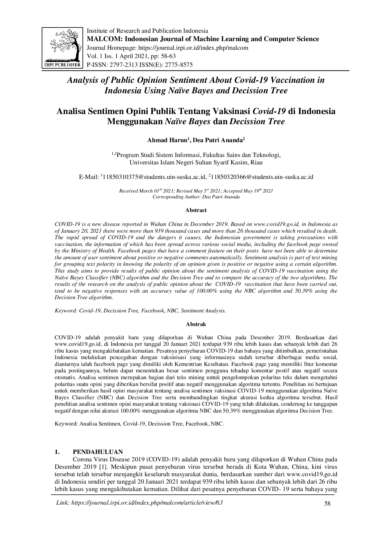 juris Analisa Sentimen Opini Publik Tentang Vaksinasi Covid 19 di Indonesia Menggunakan Na ve bayes dan Decission Tree