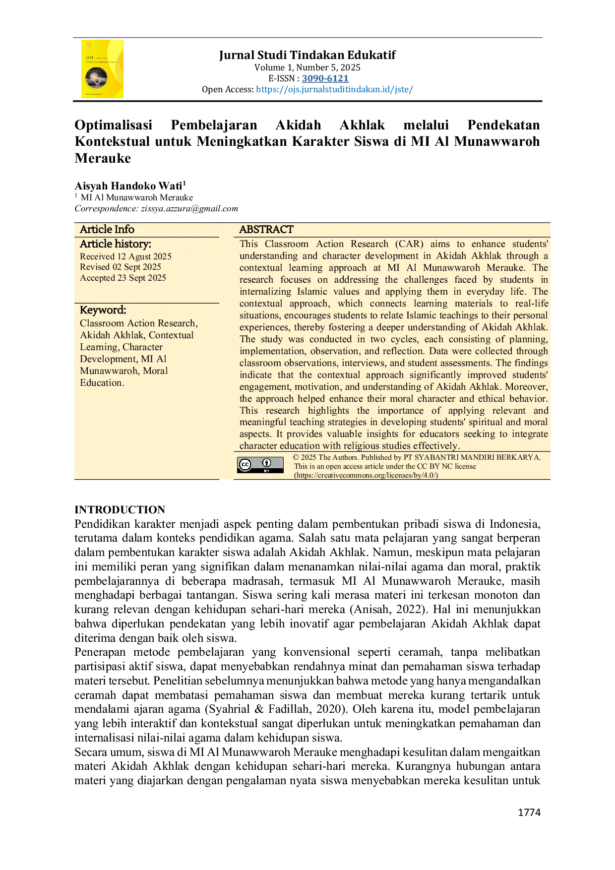 JURIS Optimalisasi Pembelajaran Akidah Akhlak melalui Pendekatan Kontekstual untuk Meningkatkan Karakter Siswa di MI Al Munawwaroh Merauke