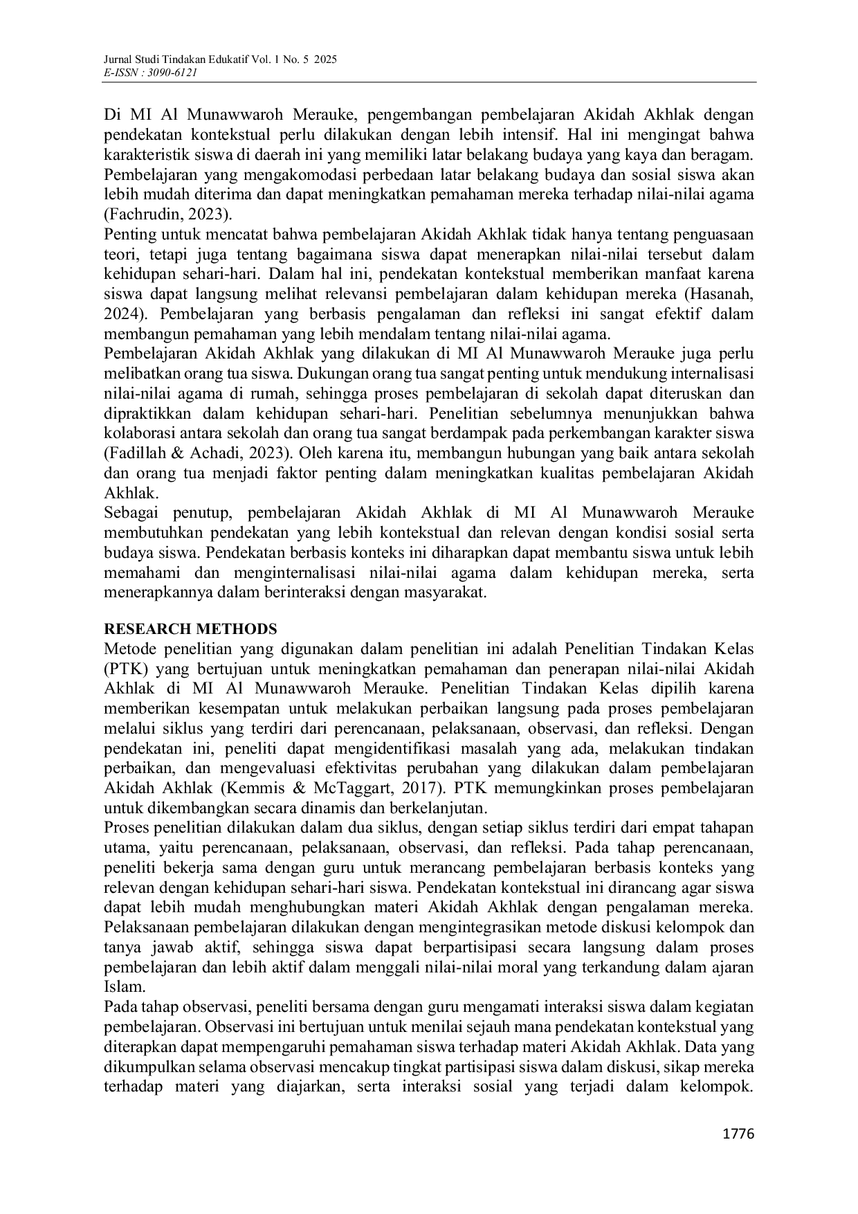 JURIS Optimalisasi Pembelajaran Akidah Akhlak melalui Pendekatan Kontekstual untuk Meningkatkan Karakter Siswa di MI Al Munawwaroh Merauke