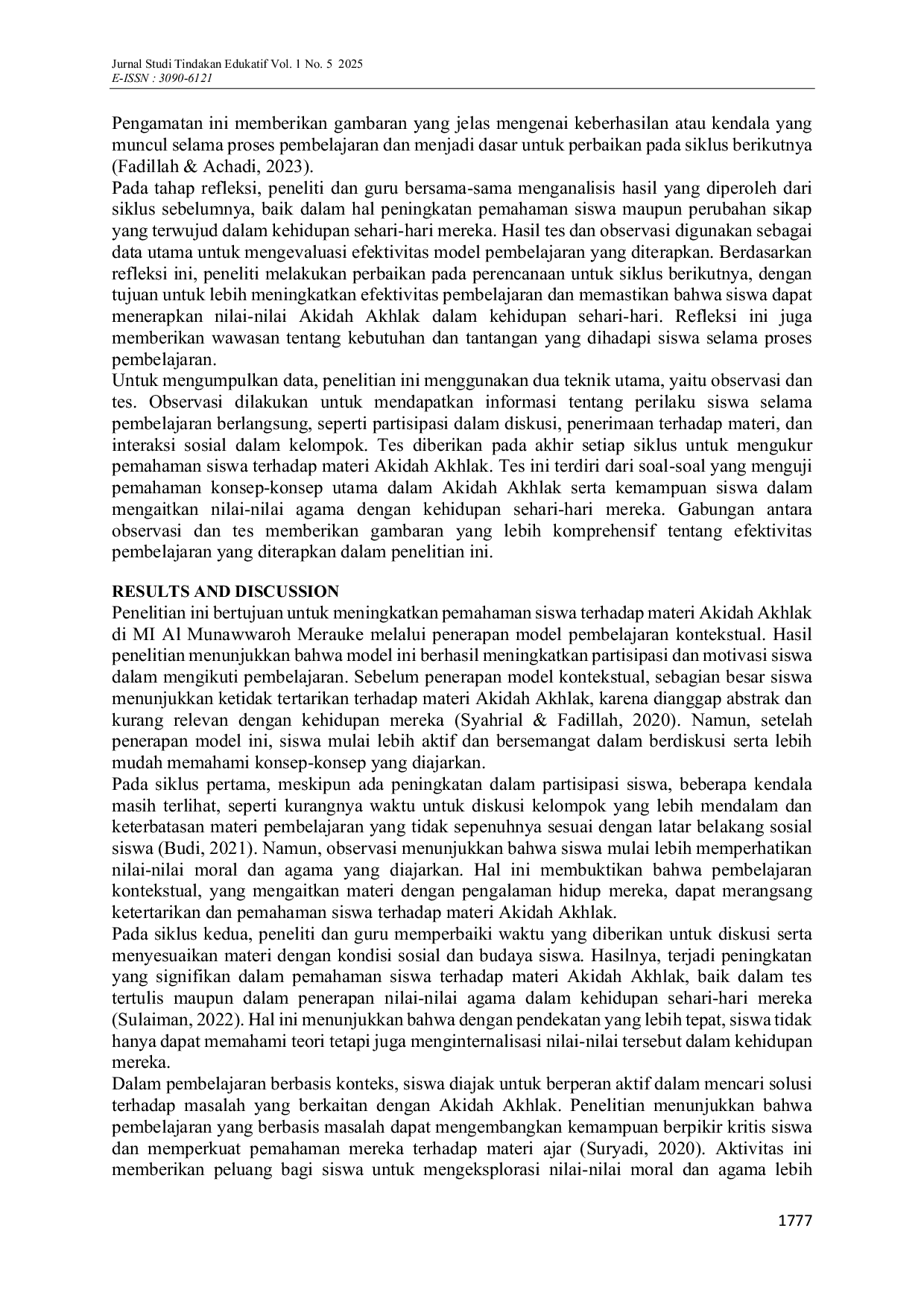 JURIS Optimalisasi Pembelajaran Akidah Akhlak melalui Pendekatan Kontekstual untuk Meningkatkan Karakter Siswa di MI Al Munawwaroh Merauke