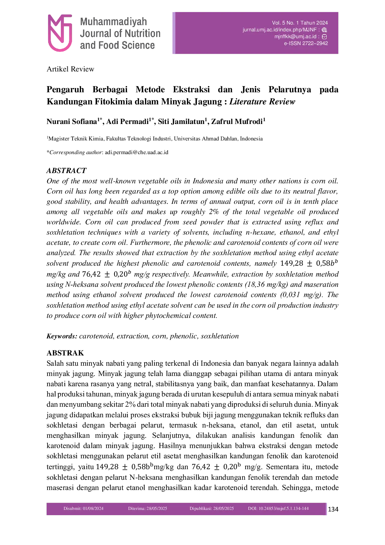 JURIS Pengaruh Berbagai Metode Ekstraksi dan Jenis Pelarutnya pada Kandungan Fitokimia dalam Minyak Jagung Literature Review