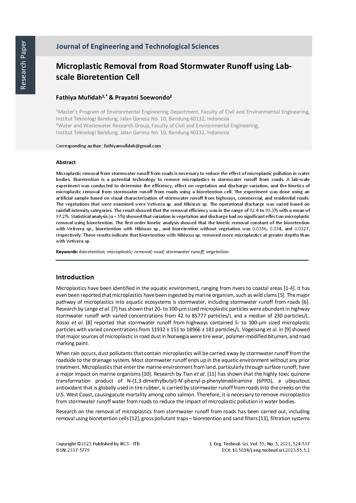 juris Microplastic Removal from Road Stormwater Runoff using Lab scale Bioretention Cell