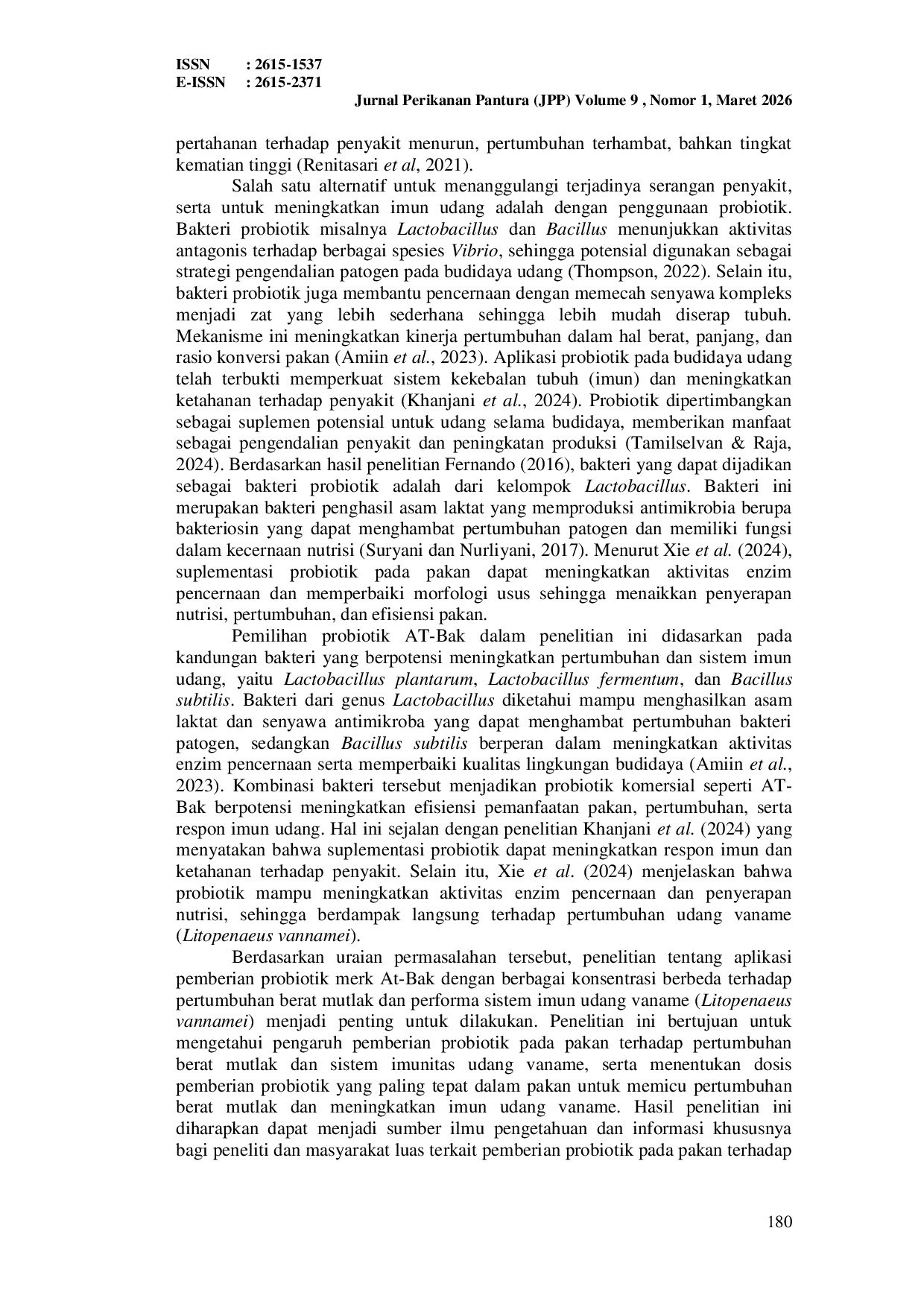 JURIS APLIKASI PEMBERIAN PROBIOTIK MERK AT BAK DENGAN BERBAGAI KONSENTRASI BERBEDA TERHADAP PERTUMBUHAN BERAT MUTLAK DAN PERFORMA SISTEM IMUN U DANG VANNAMEI Litopenaeus Vannamei