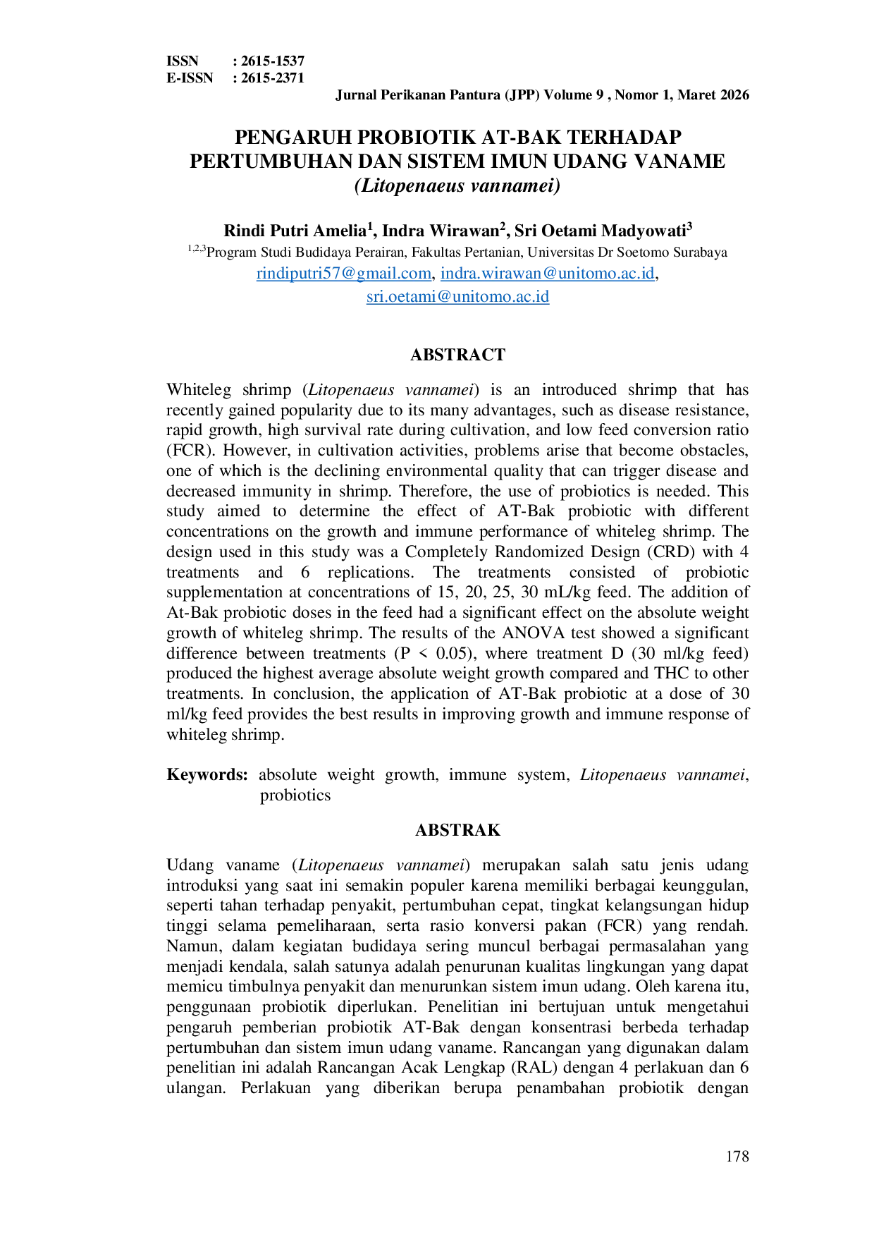 JURIS APLIKASI PEMBERIAN PROBIOTIK MERK AT BAK DENGAN BERBAGAI KONSENTRASI BERBEDA TERHADAP PERTUMBUHAN BERAT MUTLAK DAN PERFORMA SISTEM IMUN U DANG VANNAMEI Litopenaeus Vannamei
