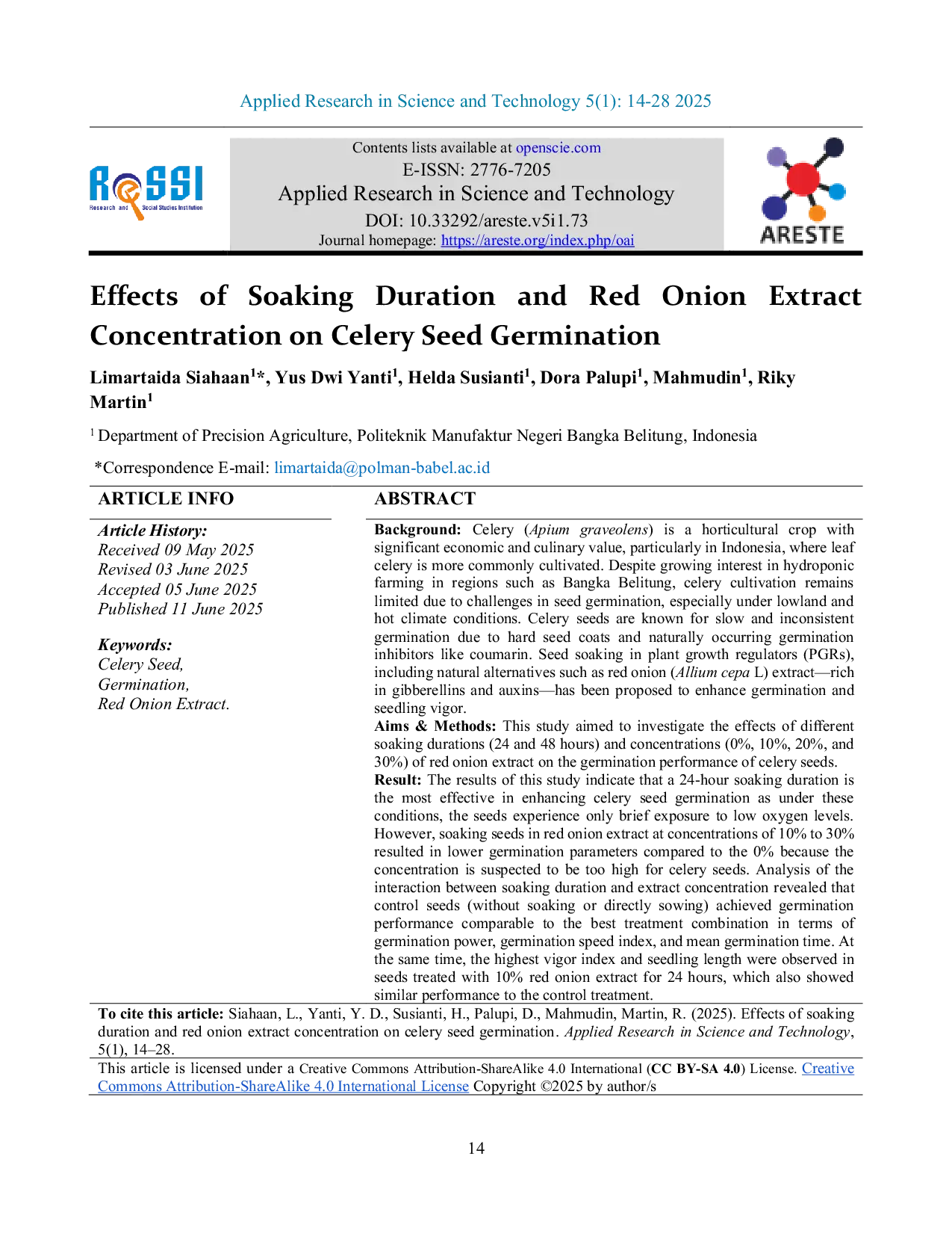 JURIS Effects of Soaking Duration and Red Onion Extract Concentration on Celery Seed Germination