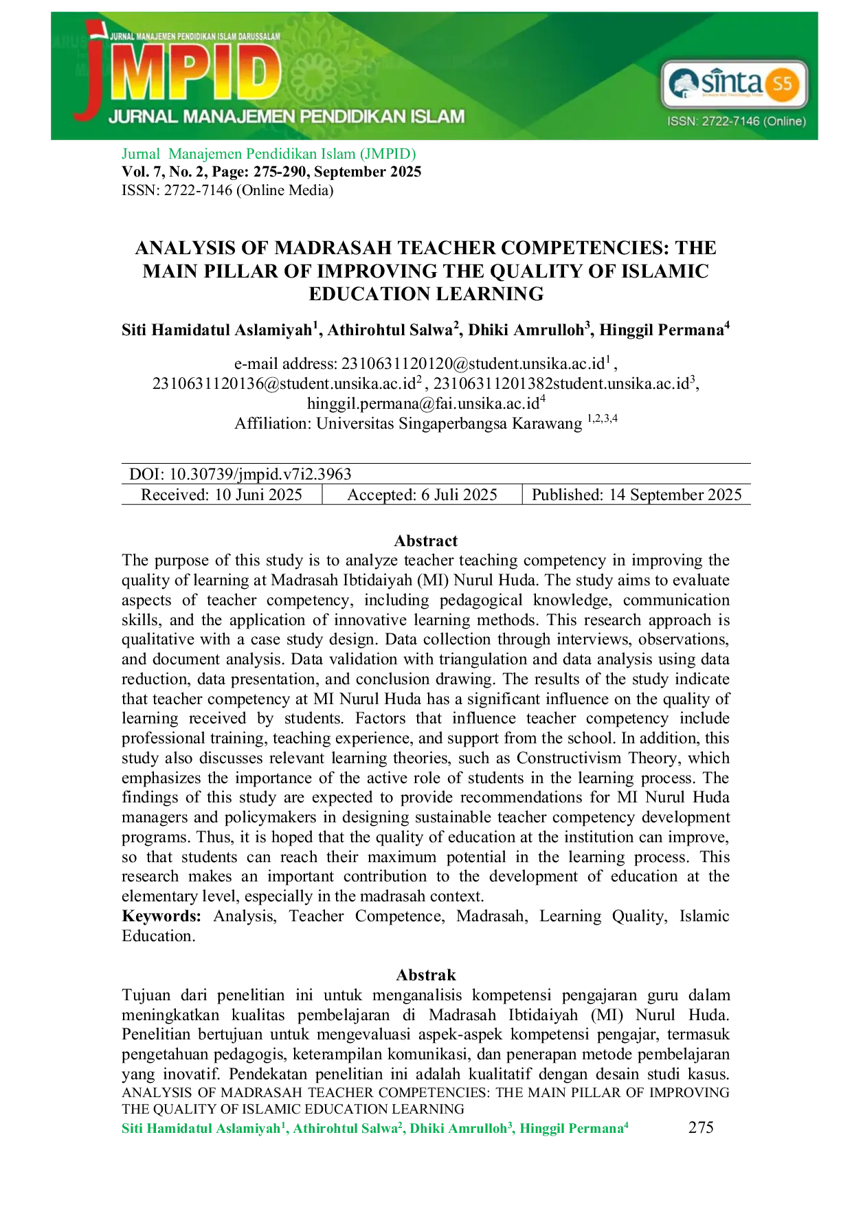 JURIS Analysis Of Madrasah Teacher Competencies The Main Pillar Of Improving The Quality Of Islamic Education Learning