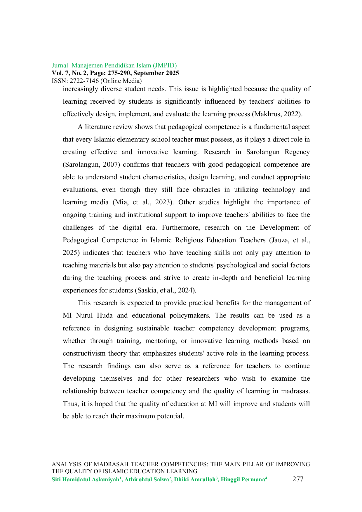 JURIS Analysis Of Madrasah Teacher Competencies The Main Pillar Of Improving The Quality Of Islamic Education Learning
