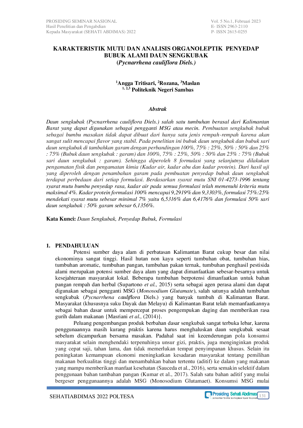 JURIS KARAKTERISTIK MUTU DAN ANALISIS ORGANOLEPTIK PENYEDAP BUBUK ALAMI DAUN SENGKUBAK Pycnarrhena cauliflora Diels