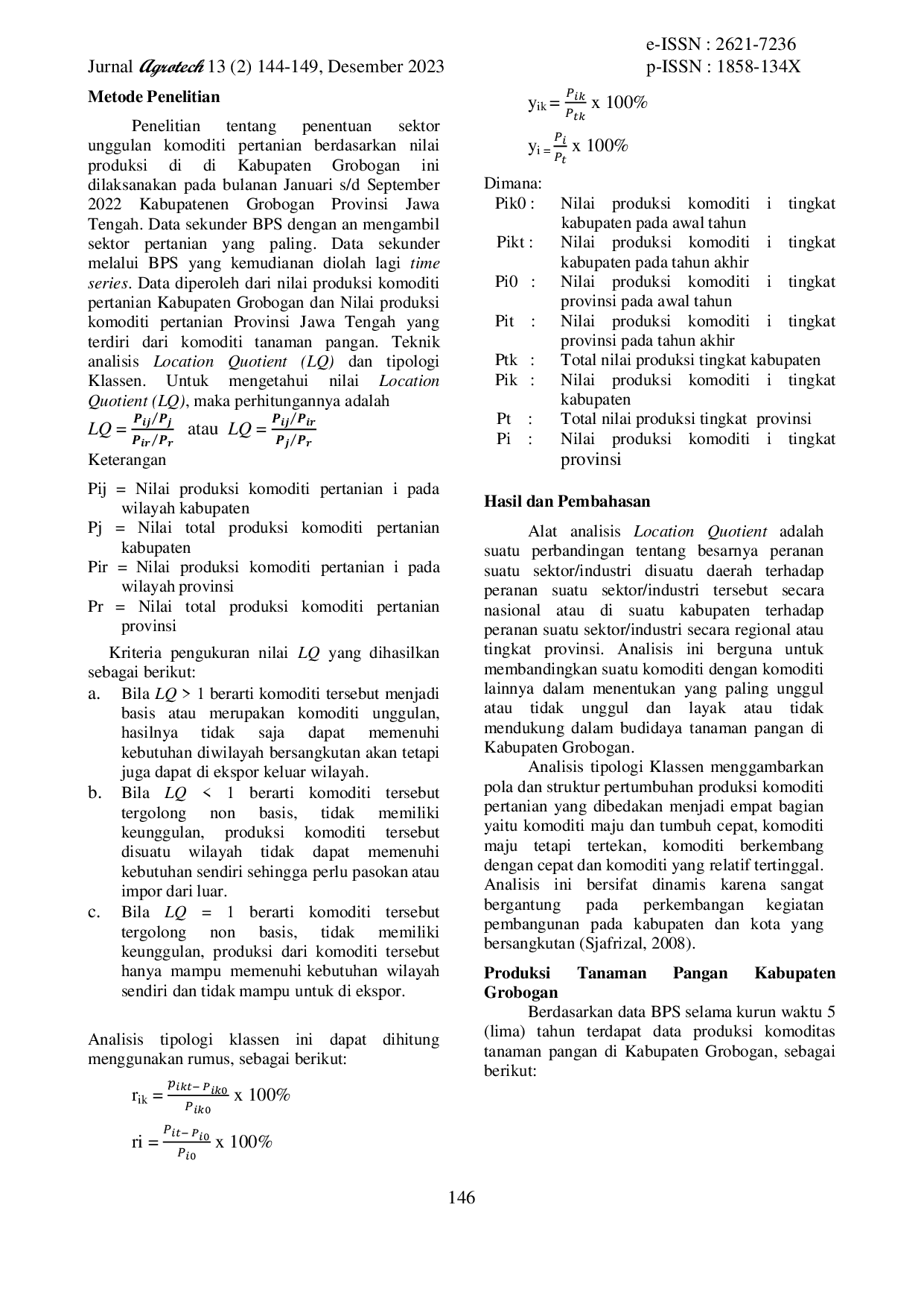 JURIS Analisis Komoditas Unggulan Pertanian Tanaman Pangan Berdasarkan Nilai Produksi Di Kabupaten Grobogan