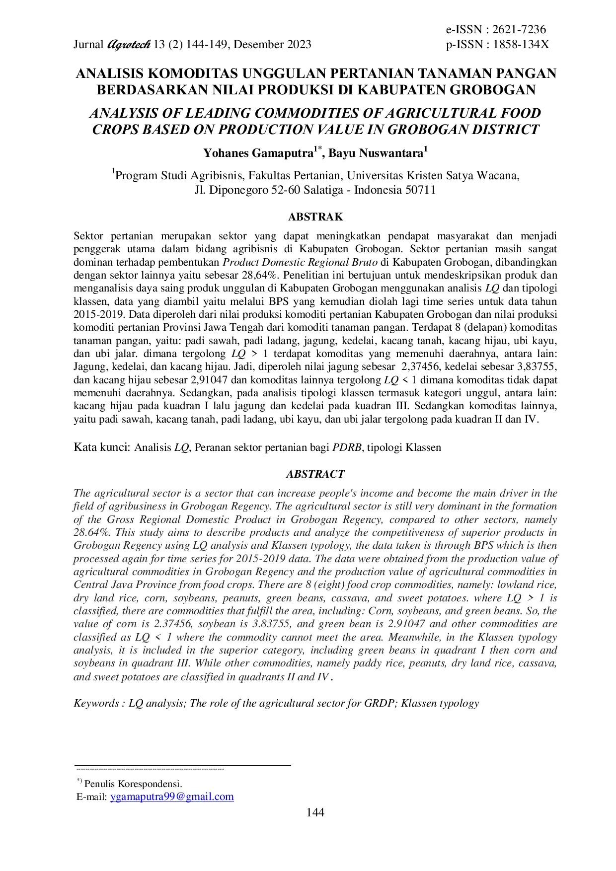 JURIS Analisis Komoditas Unggulan Pertanian Tanaman Pangan Berdasarkan Nilai Produksi Di Kabupaten Grobogan