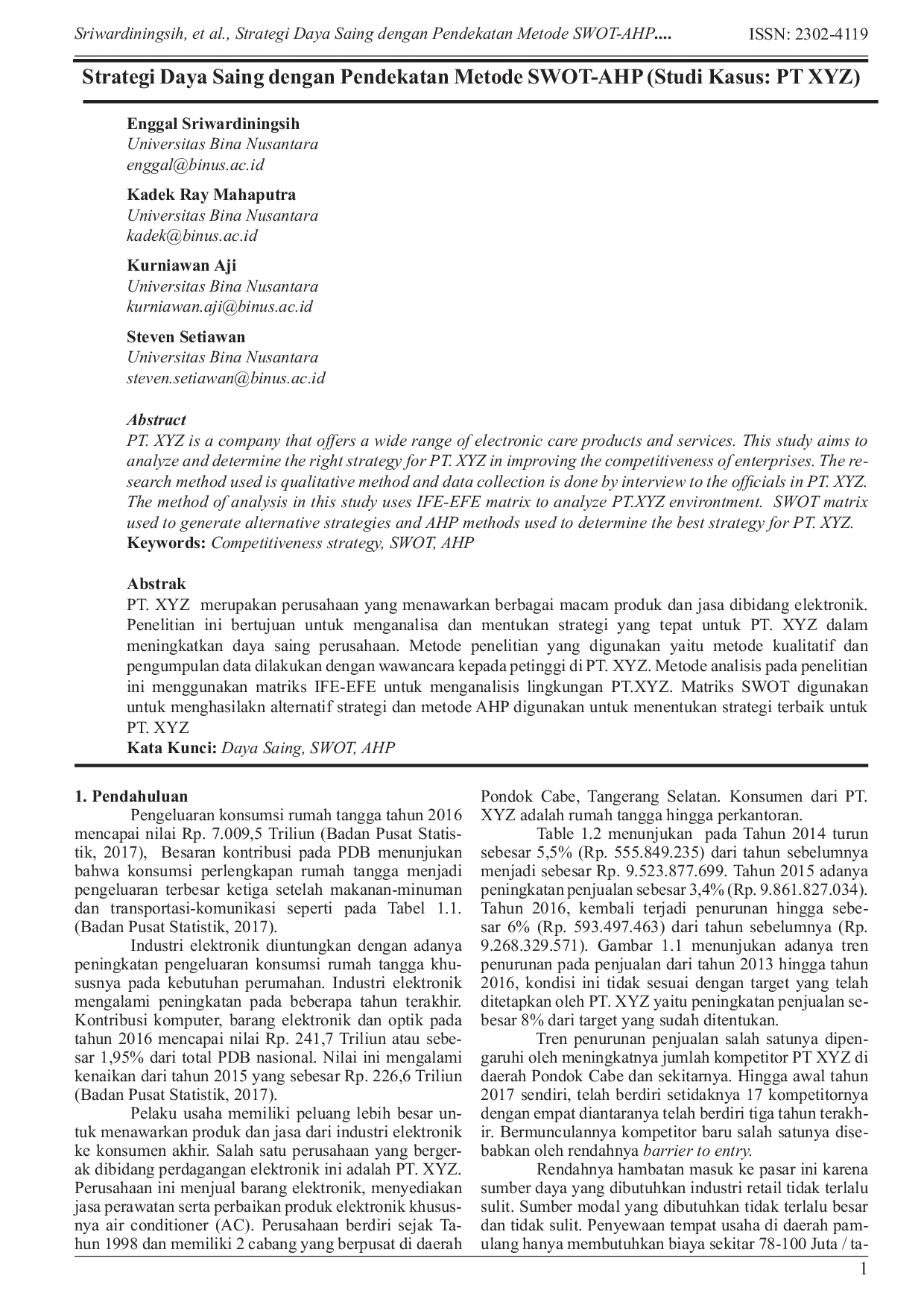 JURIS Strategi Daya Saing dengan Pendekatan Metode SWOT AHP Studi Kasus PT XYZ