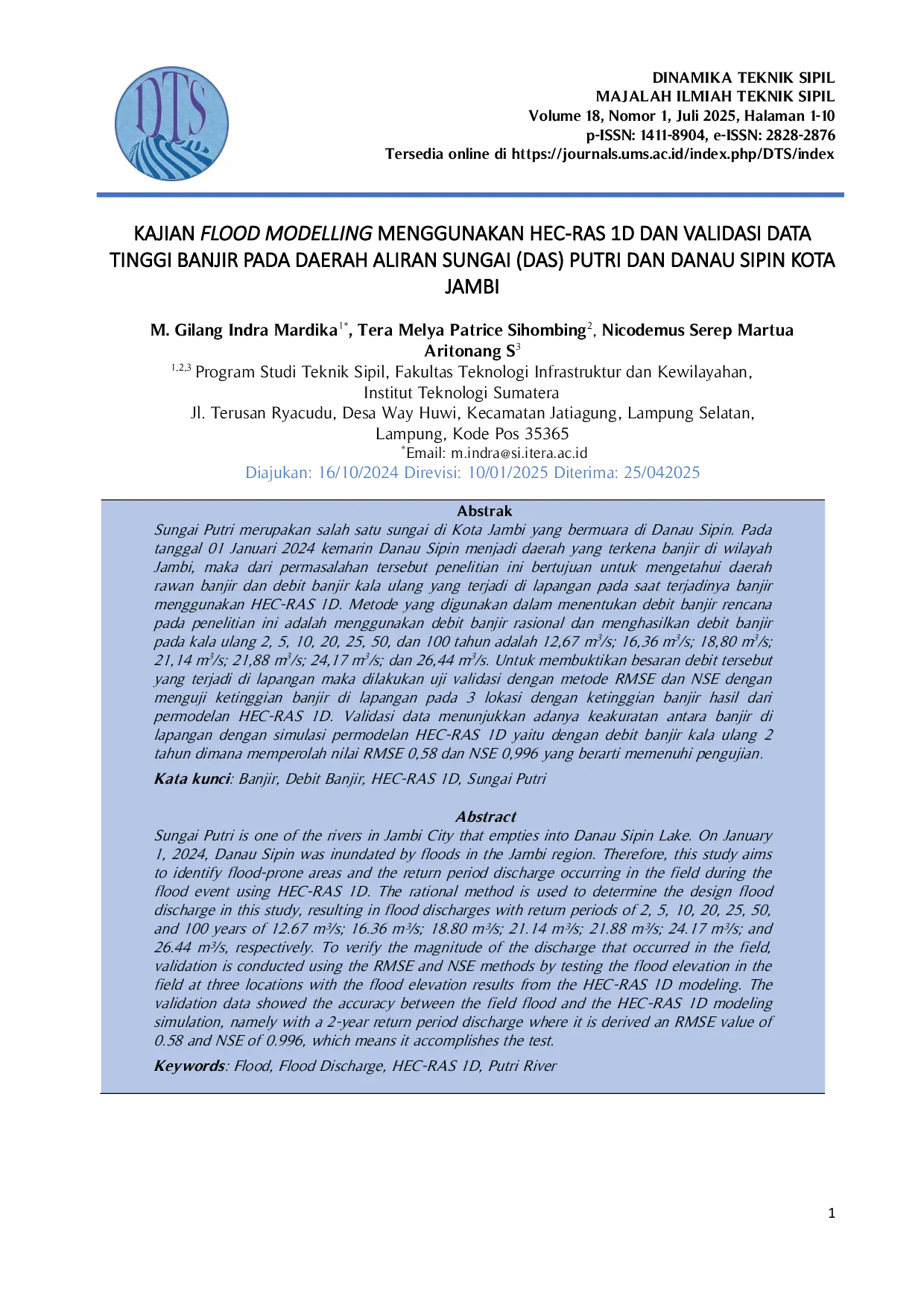 JURIS Kajian Flood Modelling Menggunakan HEC RAS 1D dan Validasi Data Tinggi Banjir pada Daerah Aliran Sungai DAS Putri dan Danau Sipin Kota Jambi