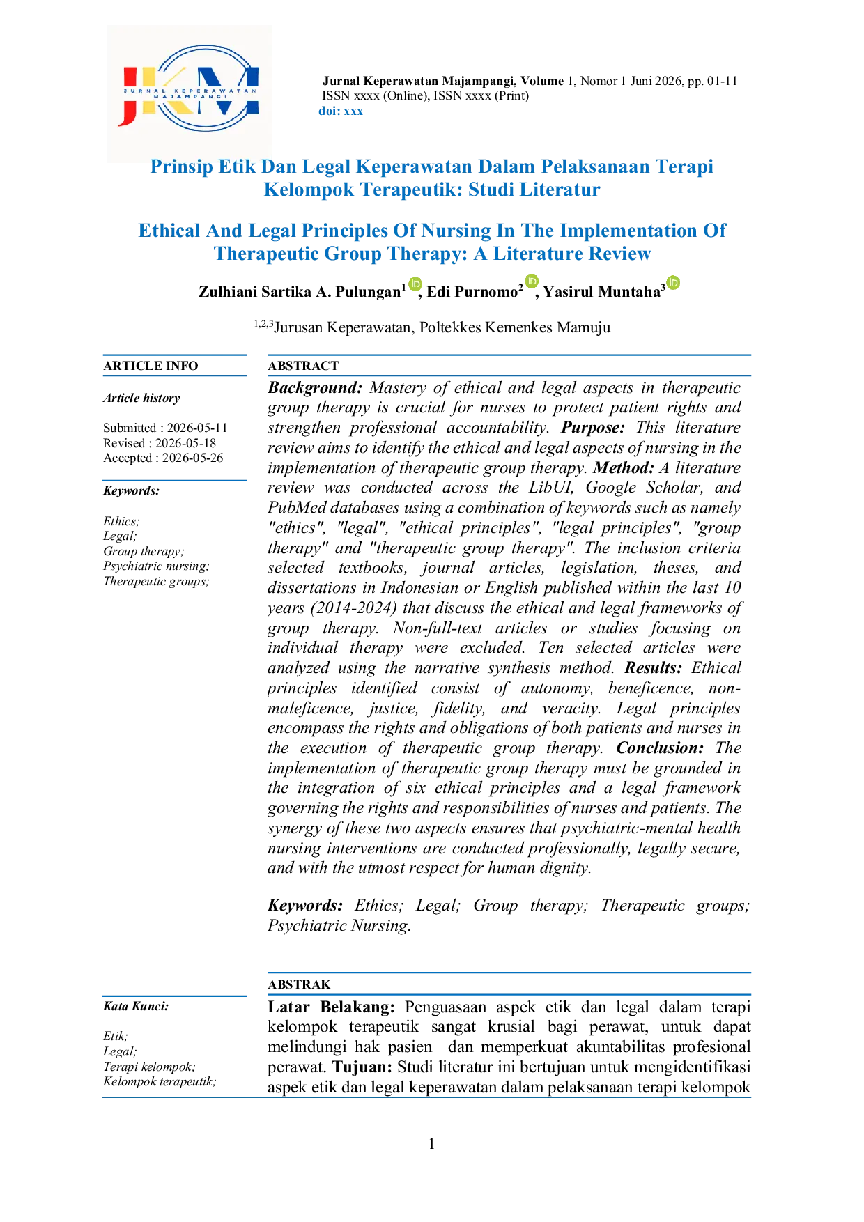 JURIS Prinsip Etik Dan Legal Keperawatan Dalam Pelaksanaan Terapi Kelompok Terapeutik Studi Literatur Ethical And Legal Principles Of Nursing In The Implementation Of Therapeutic Group Therapy A Literatur