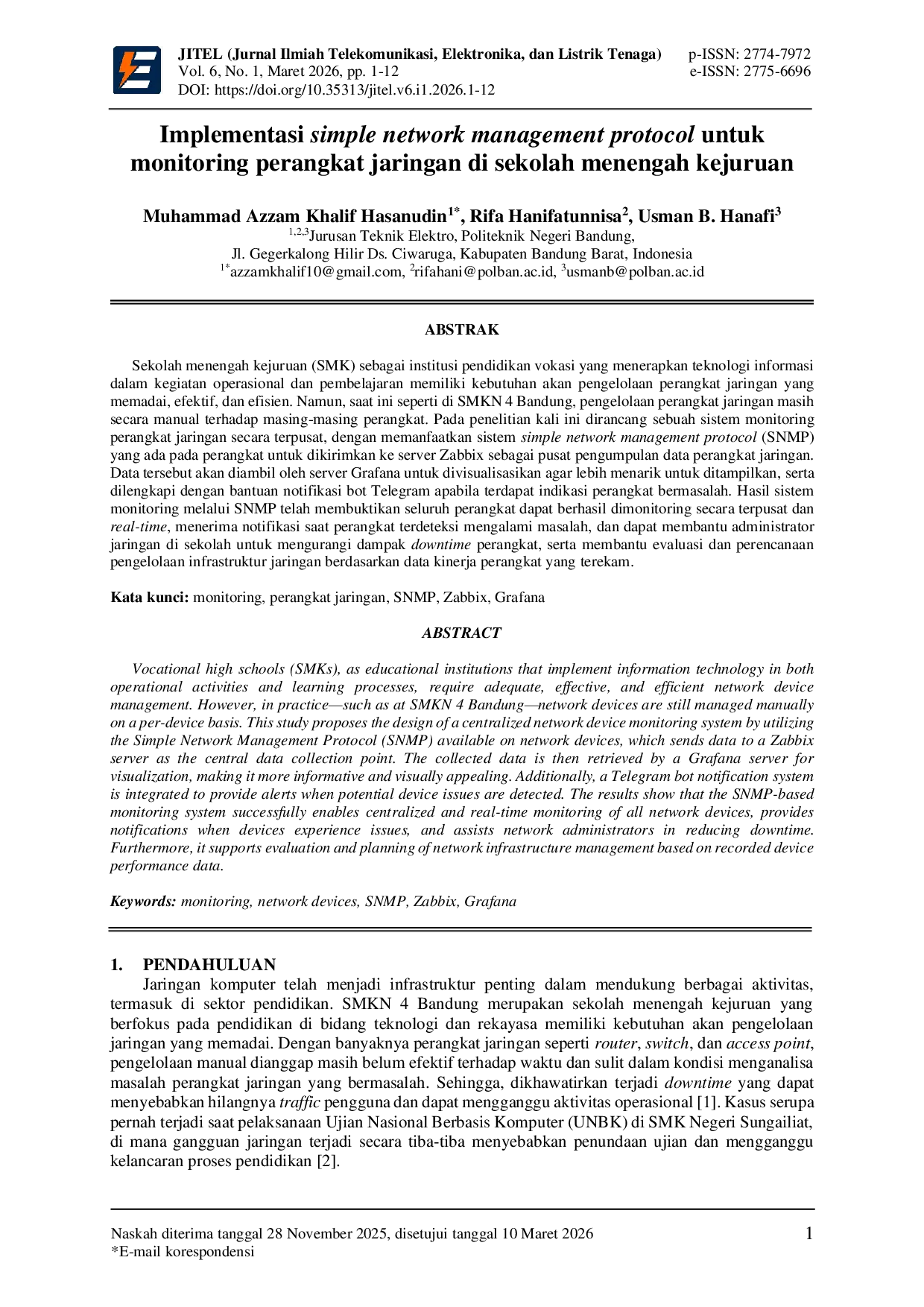 JURIS Implementasi Simple Network Management Protocol untuk Monitoring Perangkat Jaringan di Sekolah Menengah Kejuruan