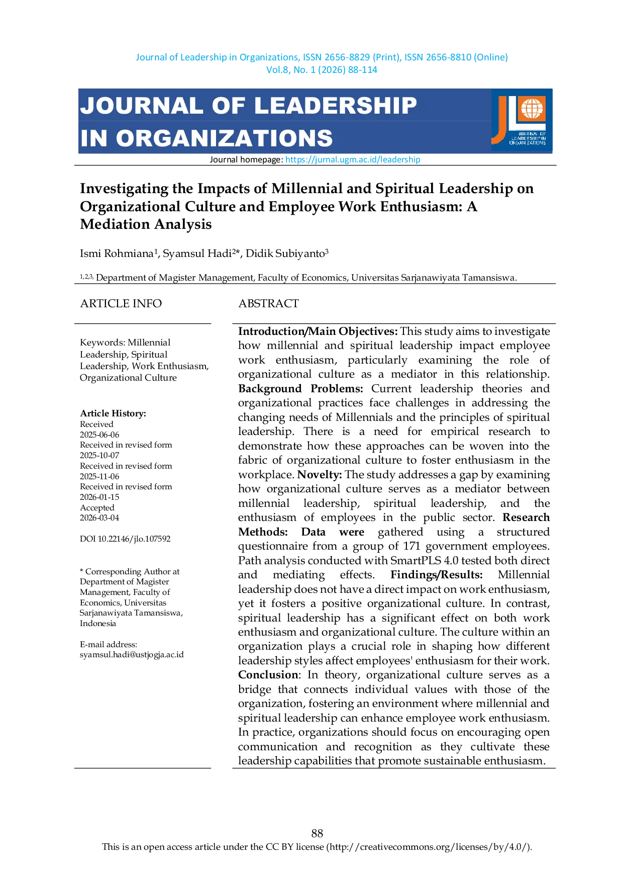 JURIS Investigating the Impacts of Millennial and Spiritual Leadership on Organizational Culture and Employee Work Enthusiasm A Mediation Analysis