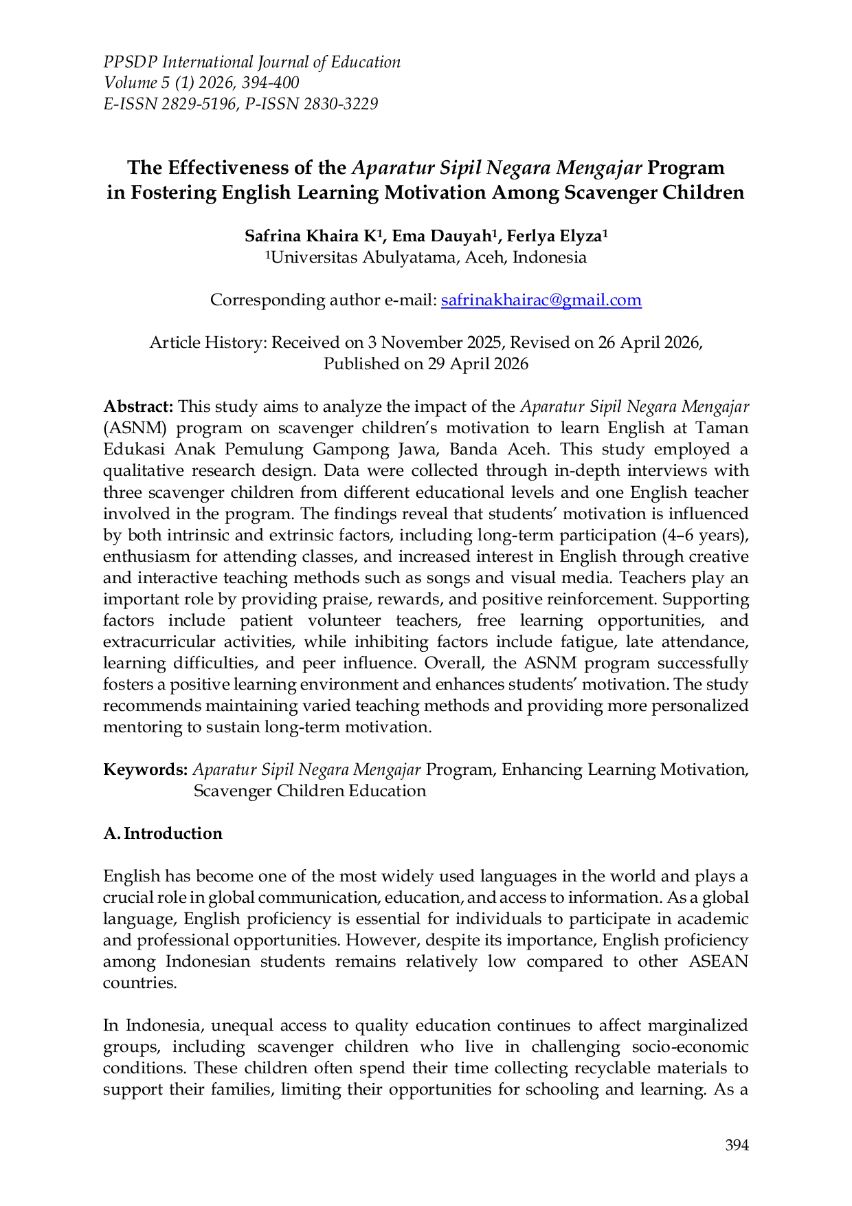 JURIS The Effectiveness of the Aparatur Sipil Negara Mengajar Program in Fostering English Learning Motivation Among Scavenger Children