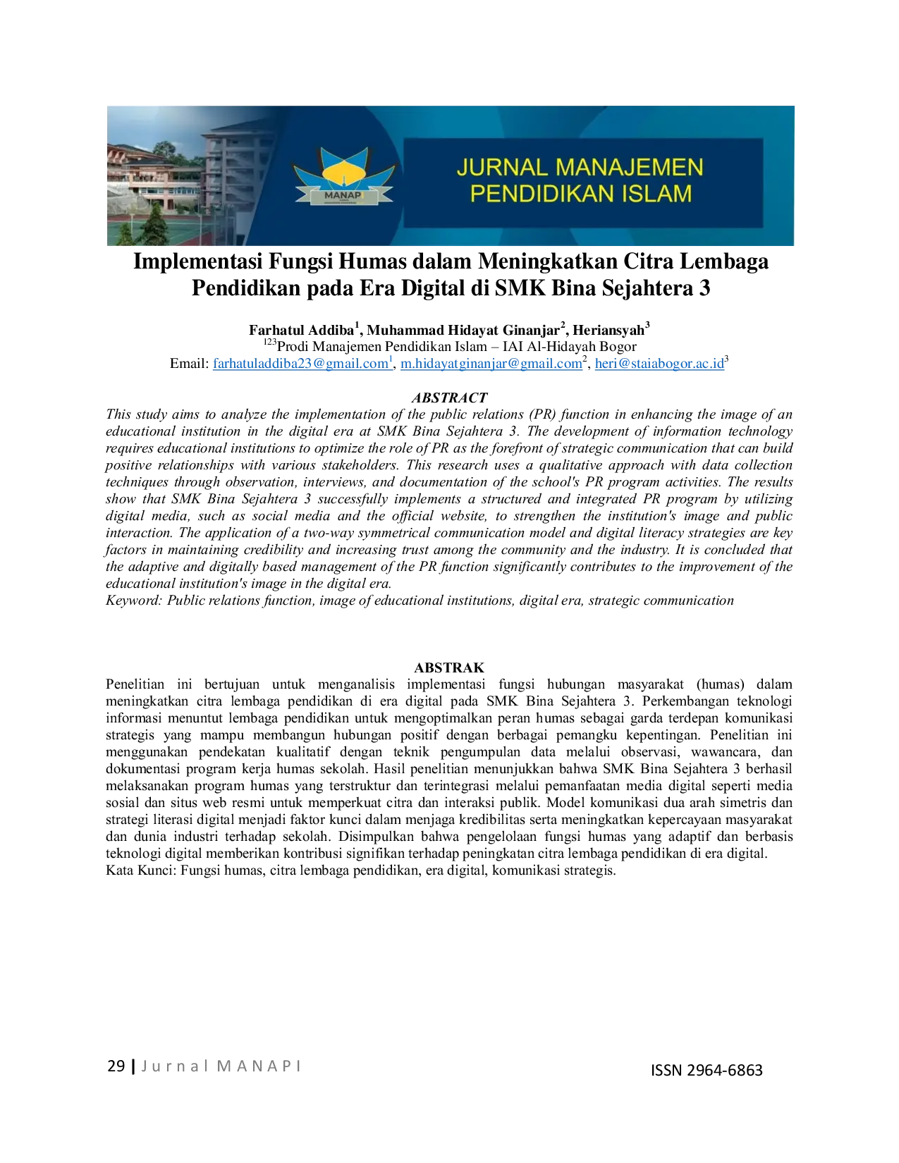 JURIS Implementasi Fungsi Humas dalam Meningkatkan Citra Lembaga Pendidikan pada Era Digital di SMK Bina Sejahtera 3