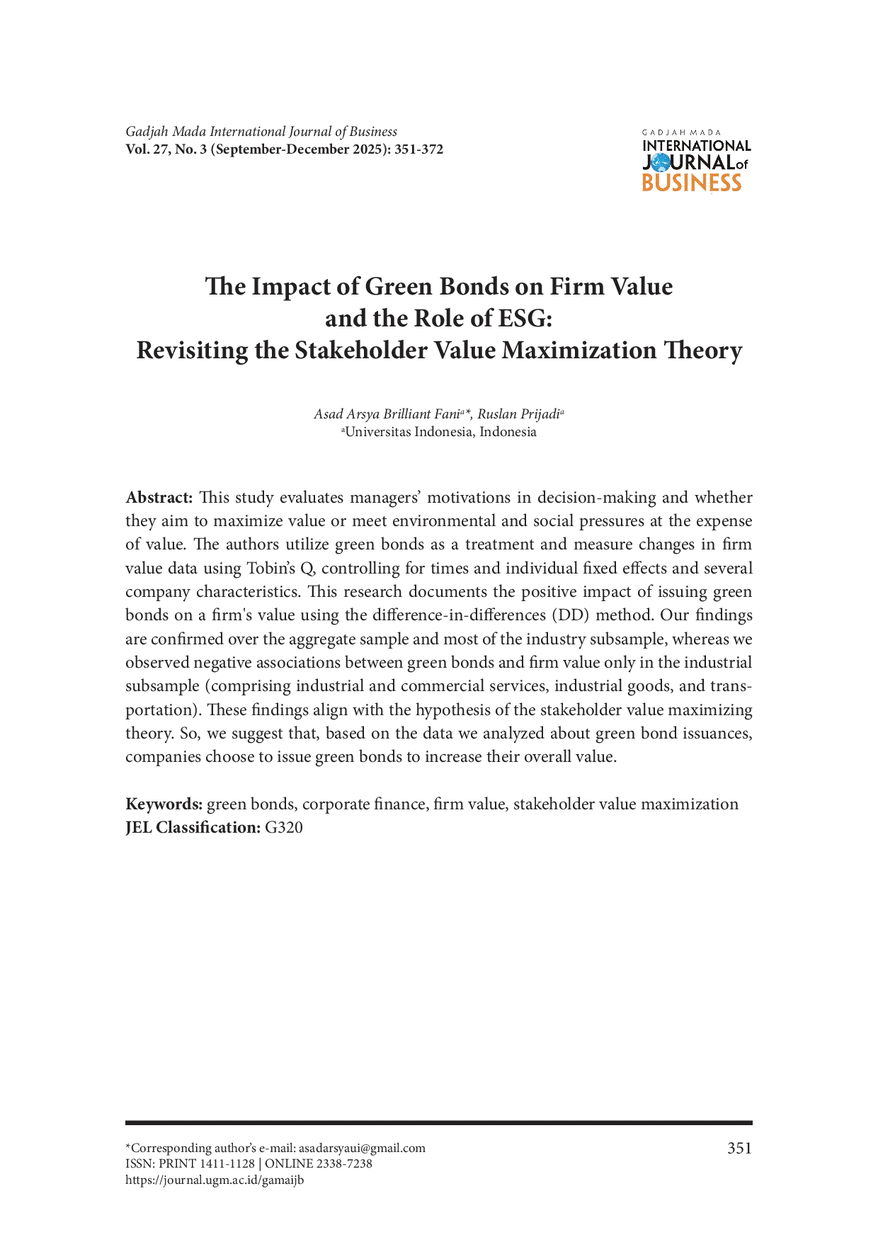 juris The Impact of Green Bonds on Firm Value and the Role of ESG Revisiting the Stakeholder Value Maximization Theory