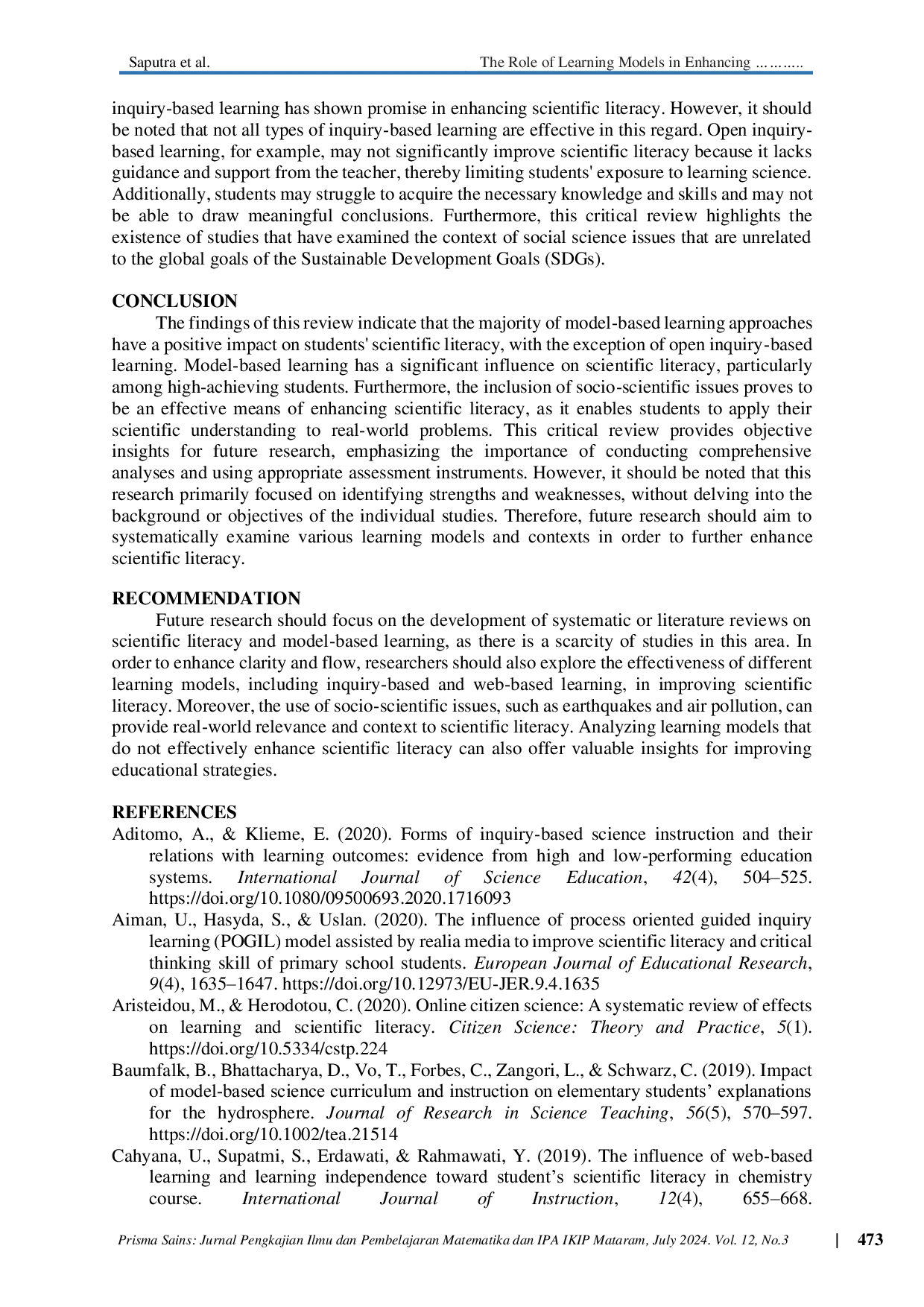 JURIS The Role of Learning Models in Enhancing Scientific Literacy A Critical Review Evaluation