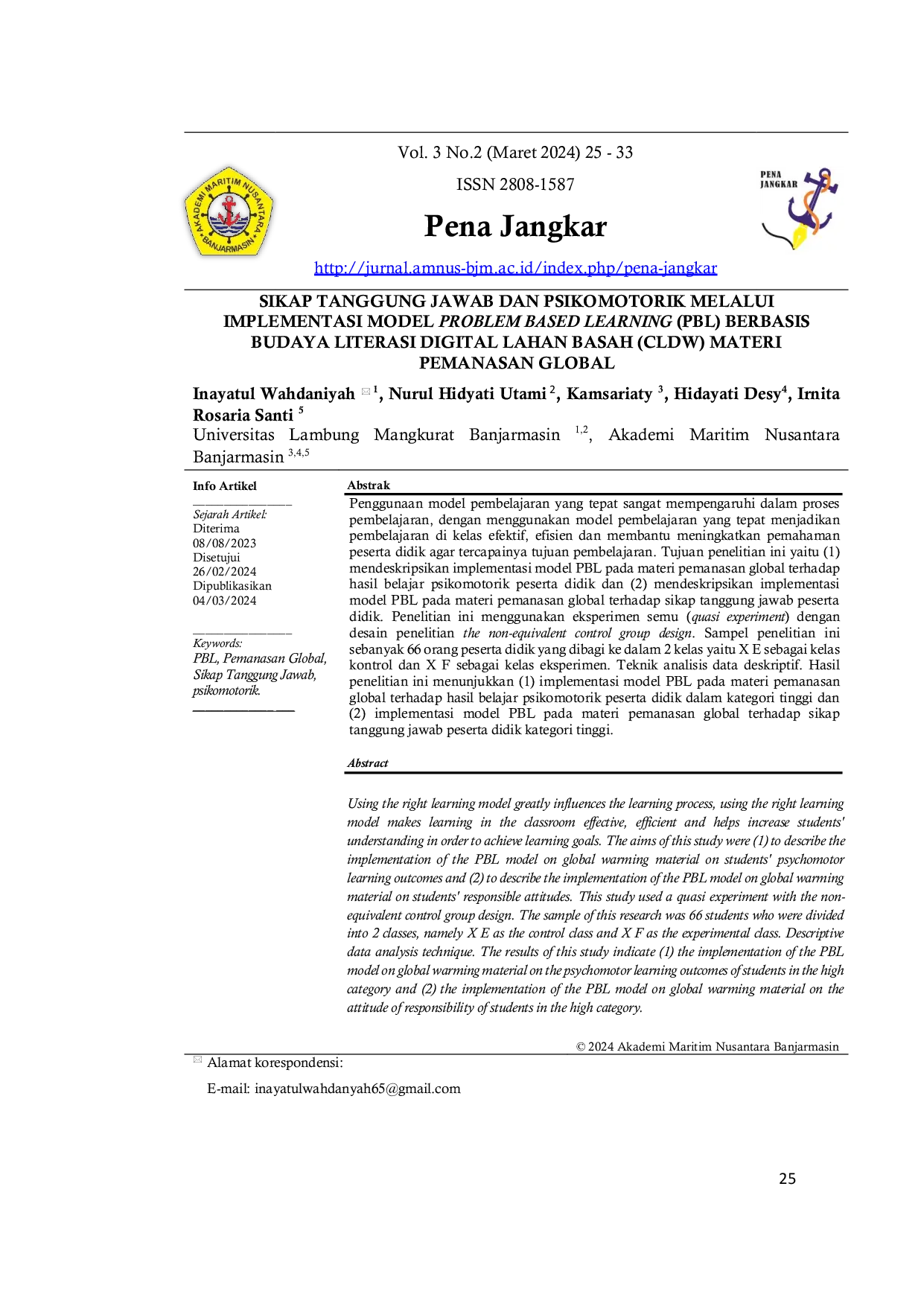 JURIS Sikap Tanggung Jawab dan Psikomotorik Melalui Implementasi Model Problem Based Learning PBL Berbasis Budaya Literasi Digital Lahan Basah CLDW Materi Pemanasan Global