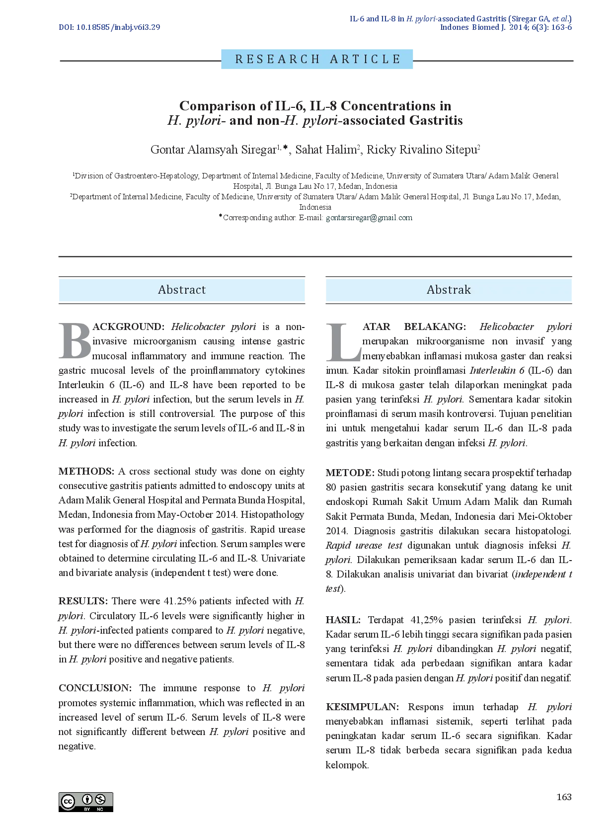 juris Comparison of IL 6 IL 8 Concentrations in H pylori and non H pylori associated Gastritis