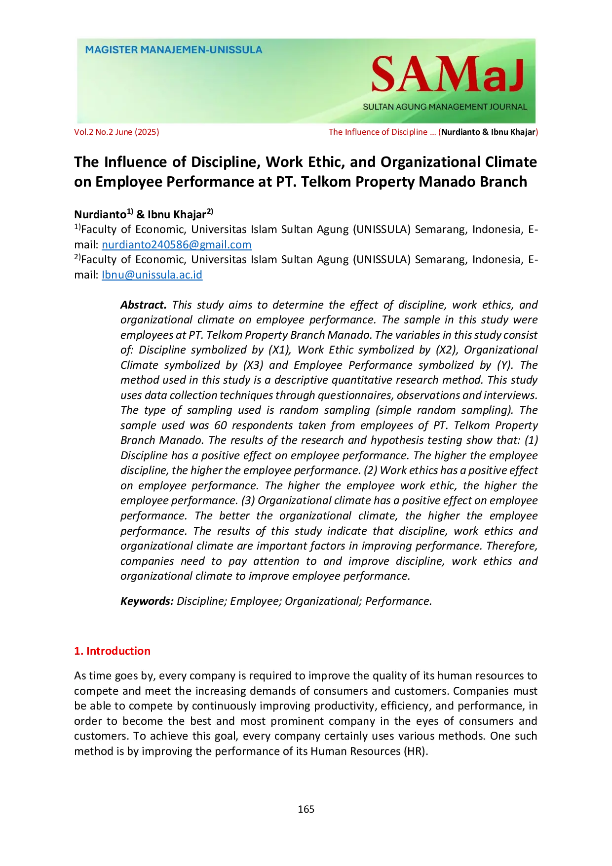 JURIS The Influence of Discipline Work Ethic and Organizational Climate on Employee Performance at PT Telkom Property Manado Branch