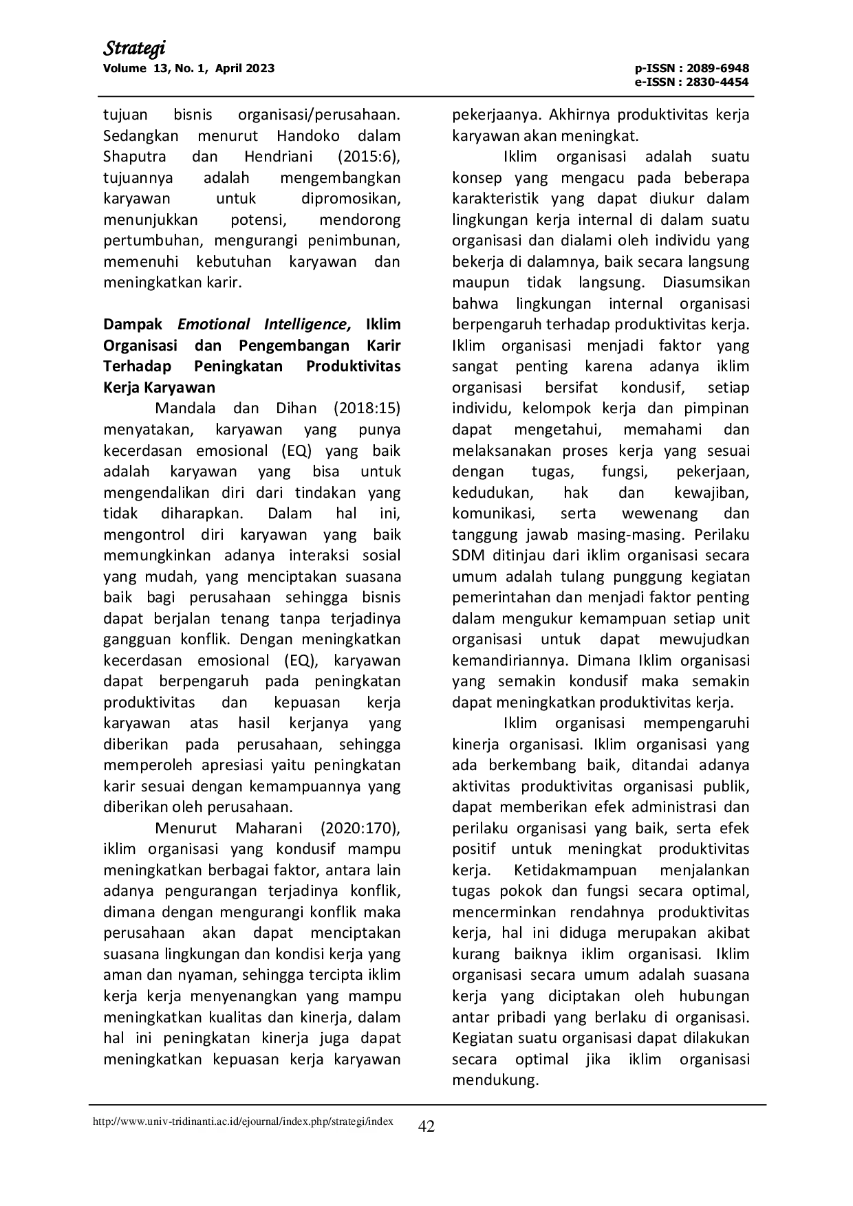 JURIS Dampak Emotional Intelligence Iklim Organisasi Dan Pengembangan Karir Terhadap Peningkatan Produktivitas Kerja Karyawan