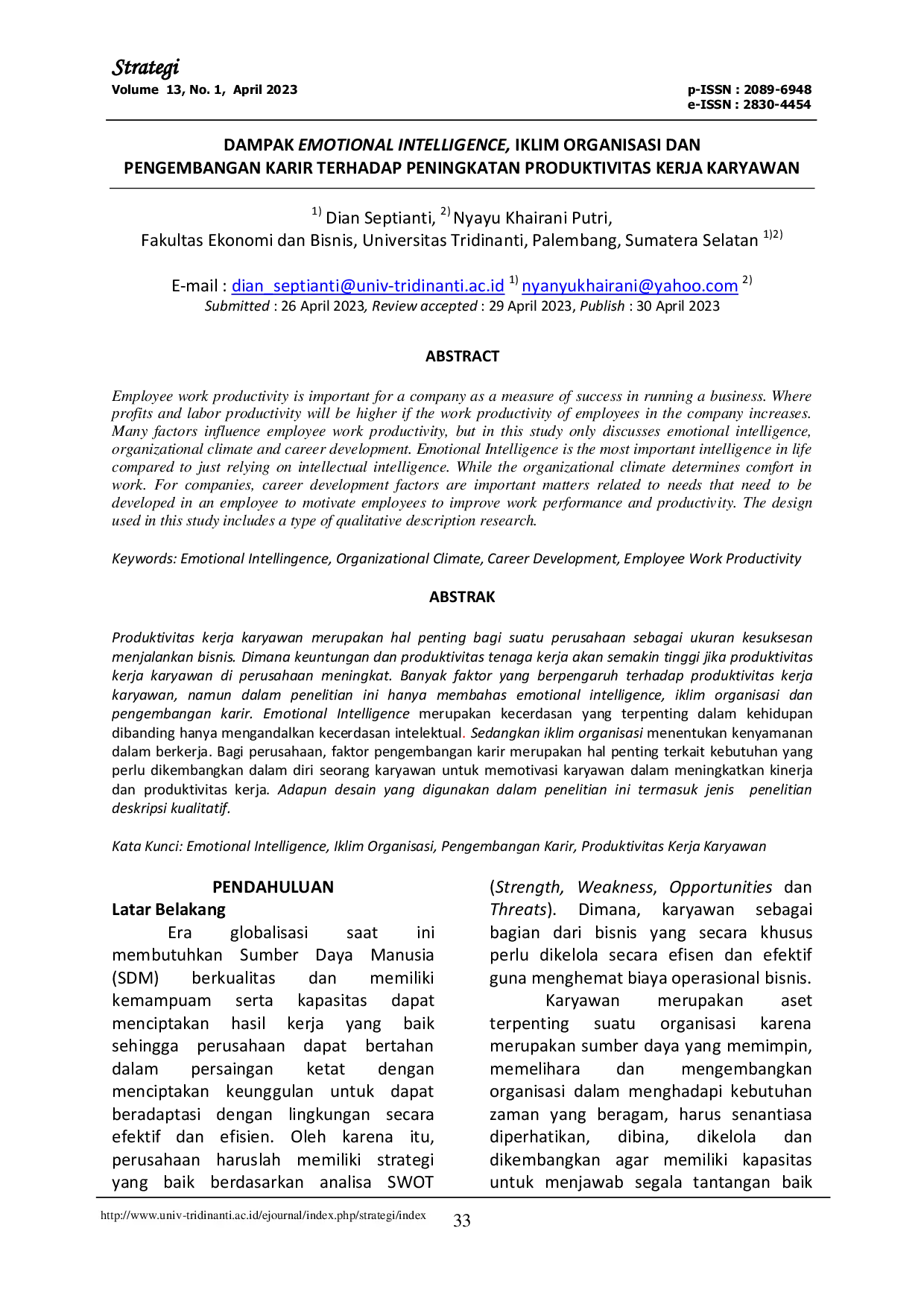 JURIS Dampak Emotional Intelligence Iklim Organisasi Dan Pengembangan Karir Terhadap Peningkatan Produktivitas Kerja Karyawan