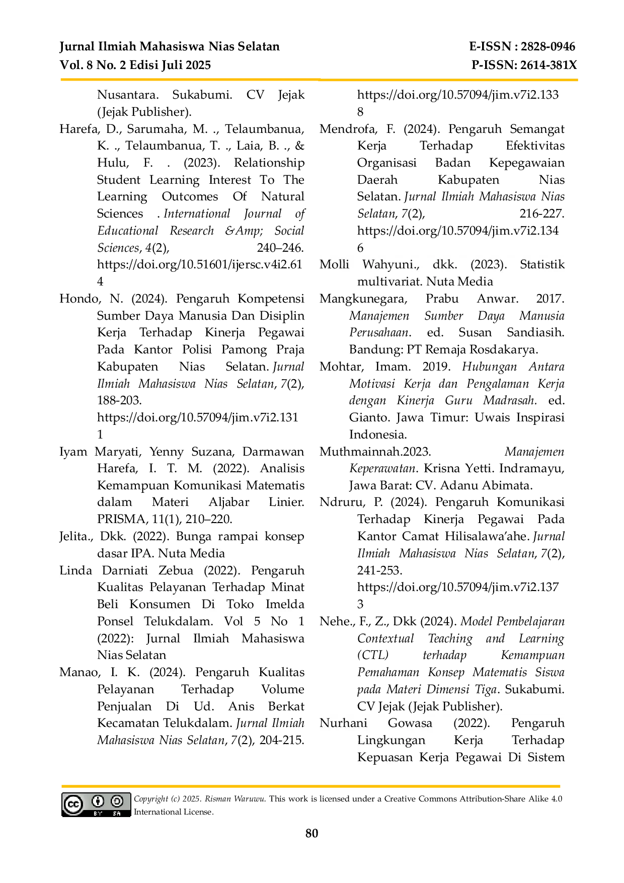 JURIS Hubungan Motivasi Kerja dengan Kinerja Pegawai di Kantor Camat Onohazumba Kabupaten Nias Selatan