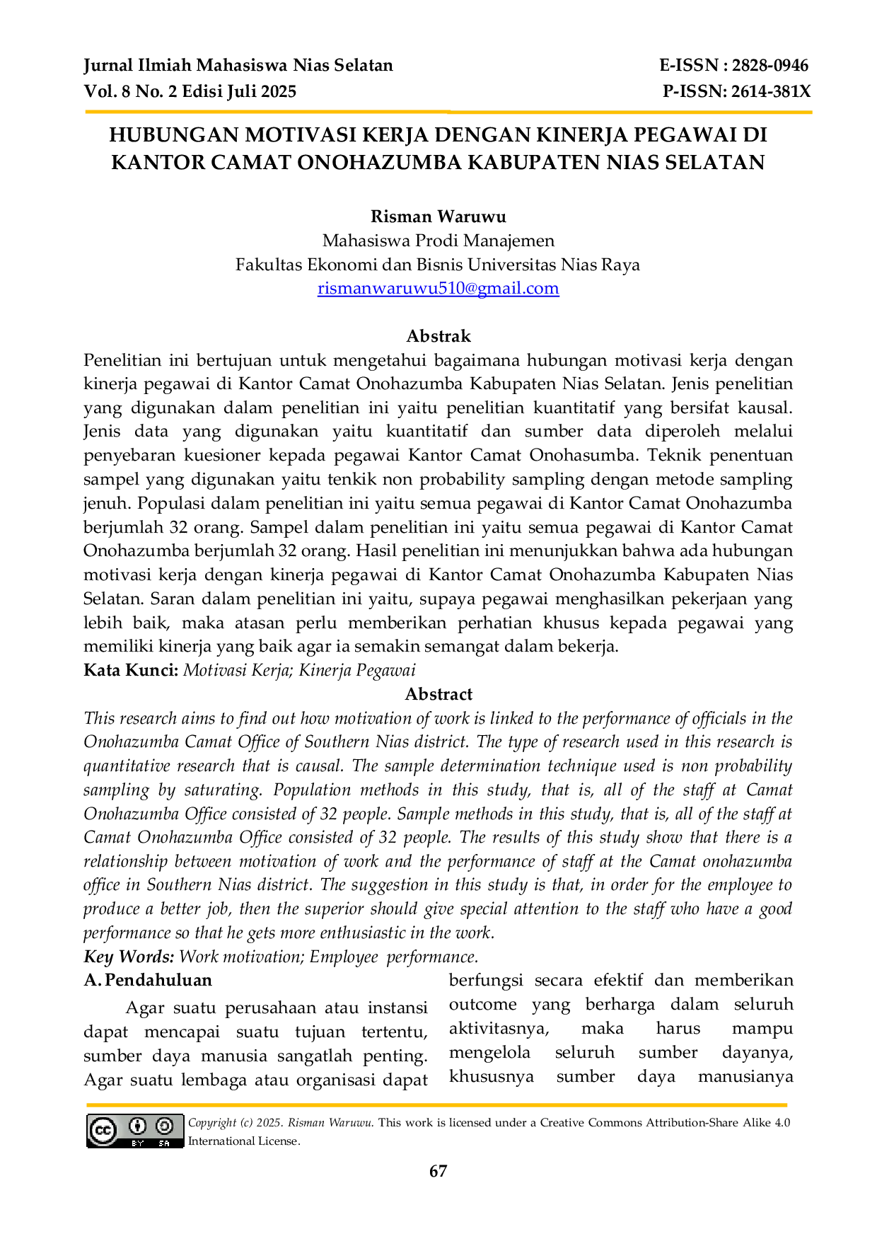 JURIS Hubungan Motivasi Kerja dengan Kinerja Pegawai di Kantor Camat Onohazumba Kabupaten Nias Selatan