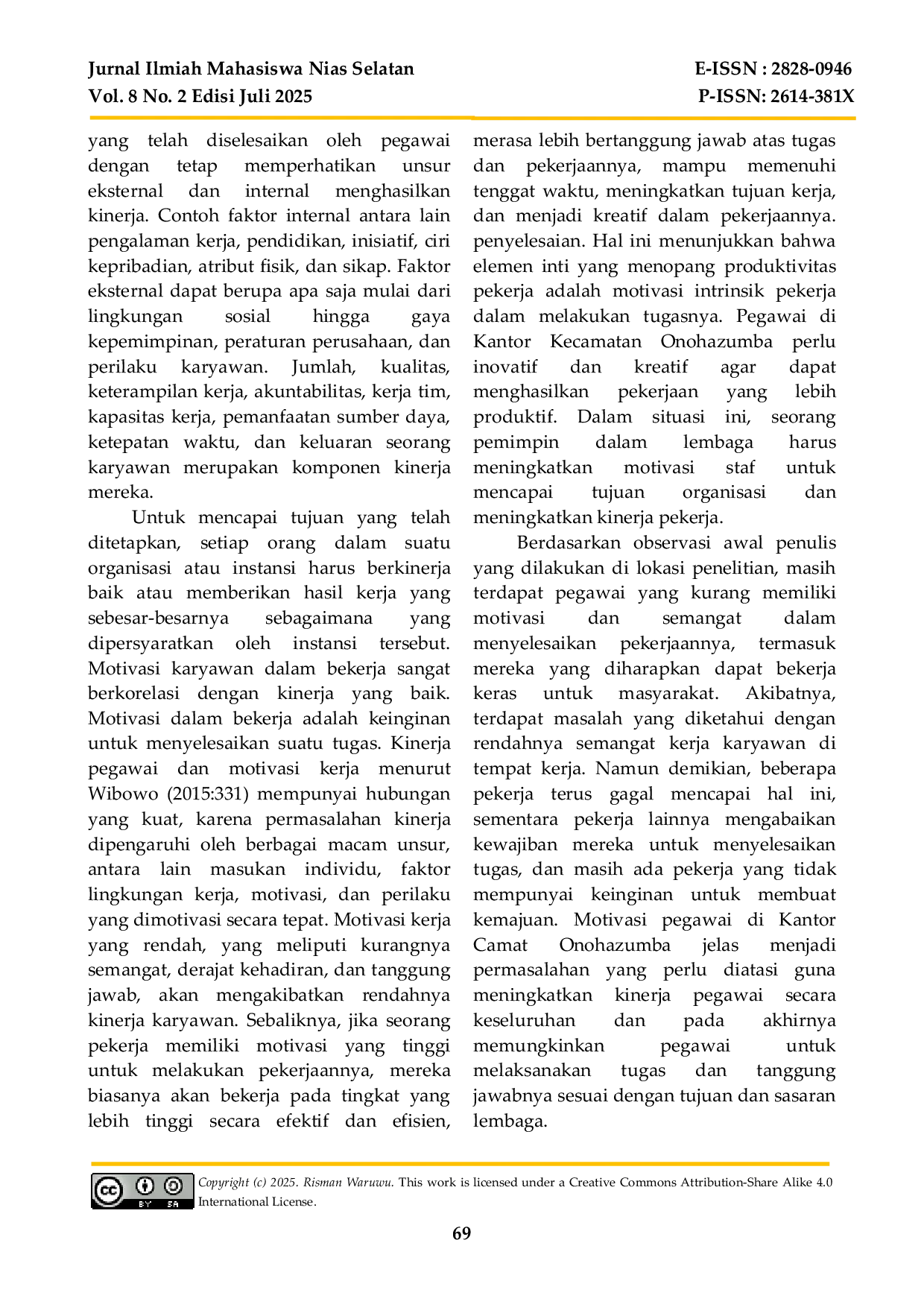 JURIS Hubungan Motivasi Kerja dengan Kinerja Pegawai di Kantor Camat Onohazumba Kabupaten Nias Selatan