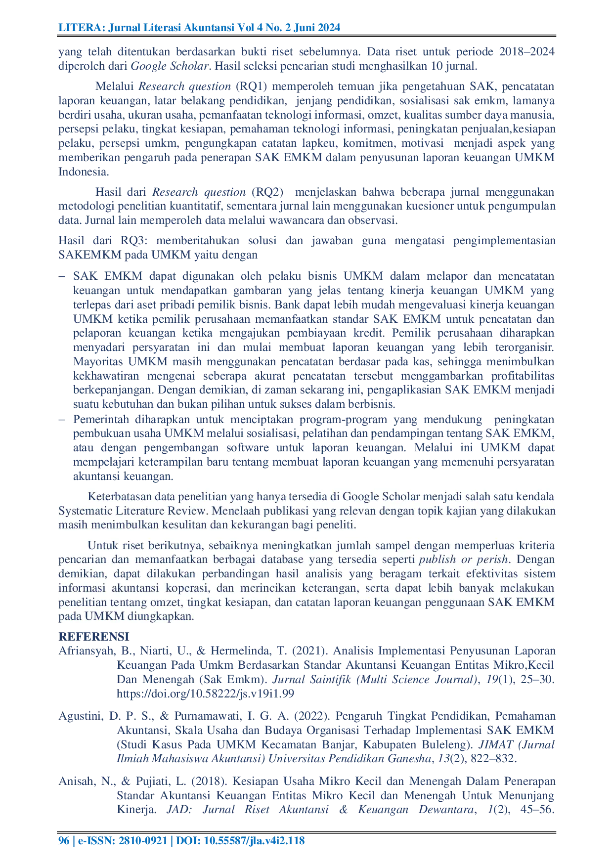 JURIS Systematic Literature Review Implementasi Standar Akuntansi Keuangan Entitas Mikro Kecil dan Menengah SAK EMKM pada Penyusunan Laporan Keuangan UMKM di Indonesia