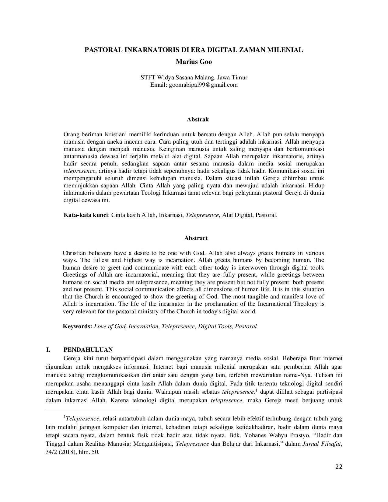 JURIS Pastoral Inkarnatoris Di Era Digital Zaman Milenial