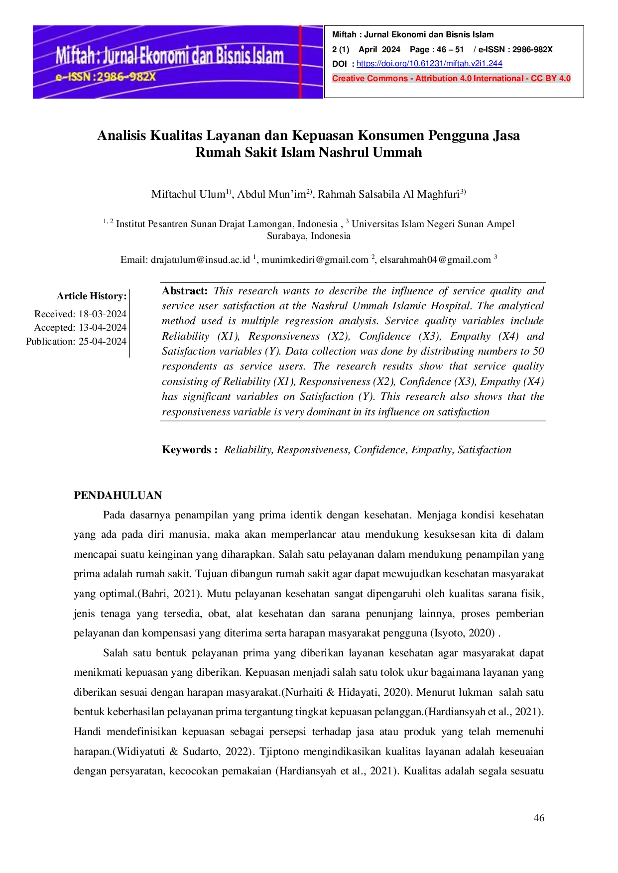 JURIS Analisis Kualitas Layanan dan Kepuasan Konsumen Pengguna Jasa Rumah Sakit Islam Nashrul Ummah