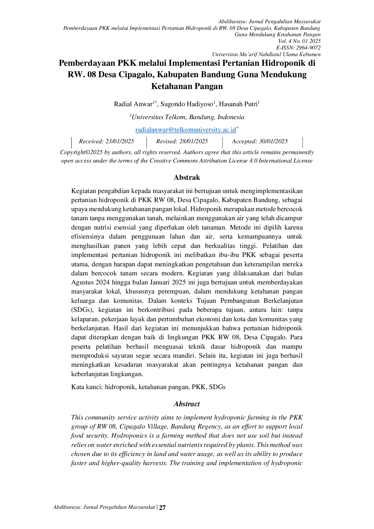 JURIS Pemberdayaan PKK melalui Implementasi Pertanian Hidroponik di RW 08 Desa Cipagalo Kabupaten Bandung Guna Mendukung Ketahanan Pangan