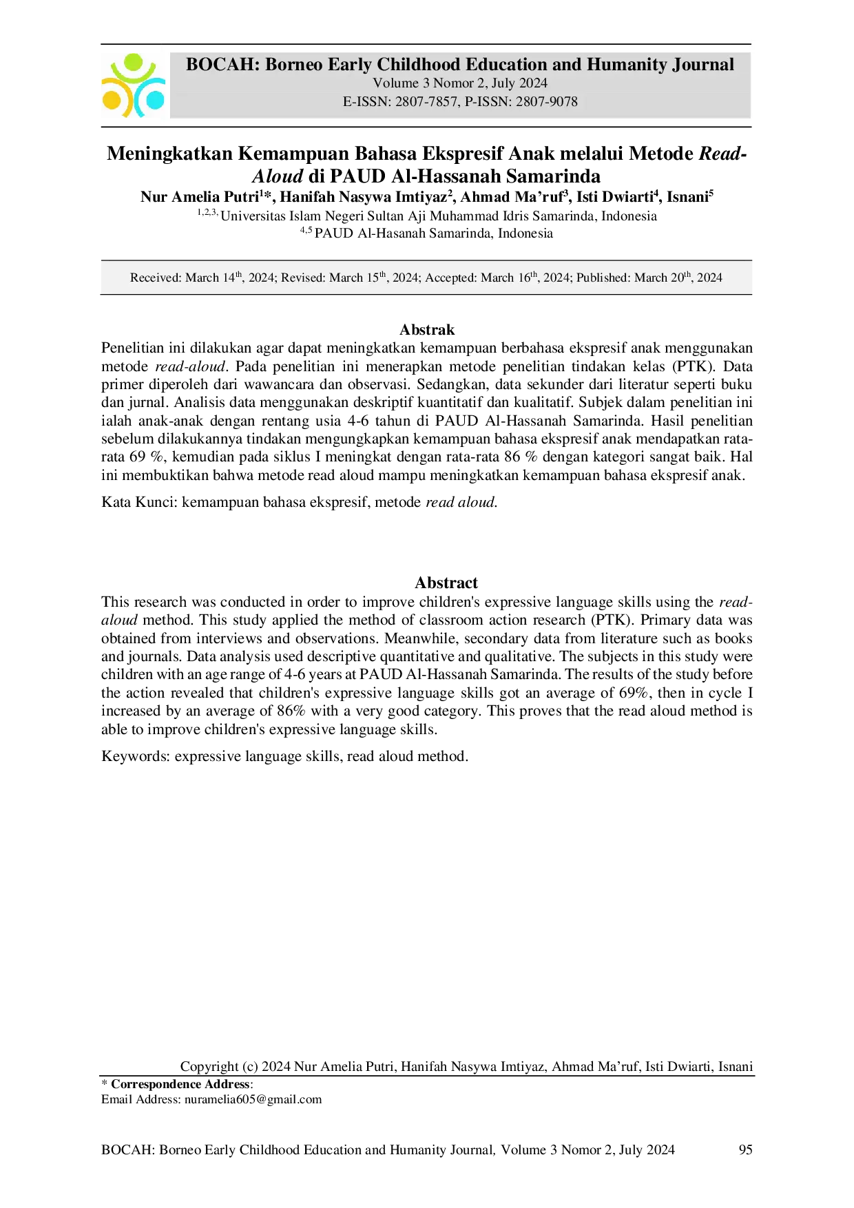 JURIS Meningkatkan Kemampuan Bahasa Ekspresif Anak melalui Metode Read Aloud di PAUD Al Hassanah Samarinda