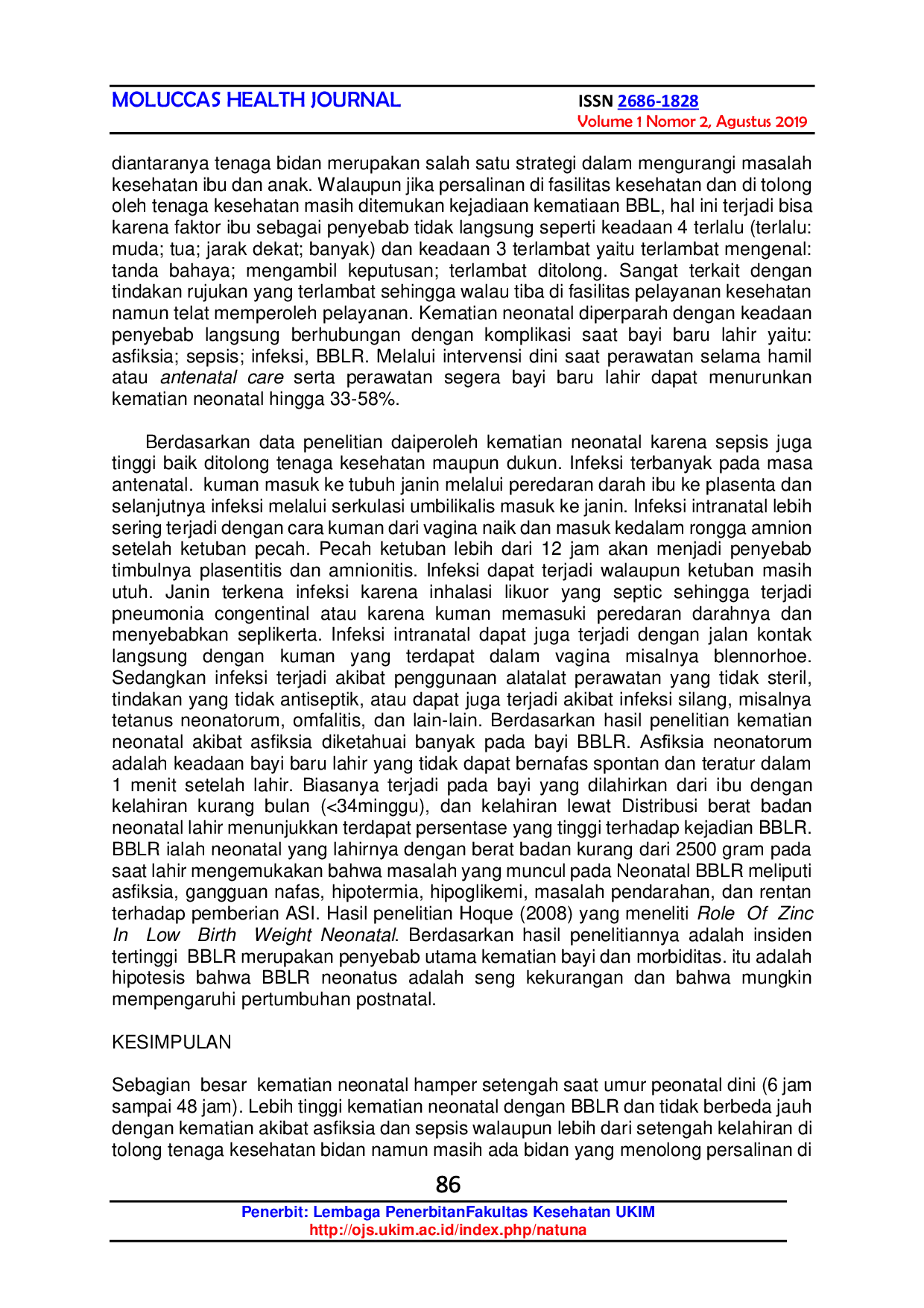 JURIS Gambaran Penyebab Kematian Neonatal Di Rumah Sakit Umum Daerah Dr M Haulussy Ambon Tahun 2019