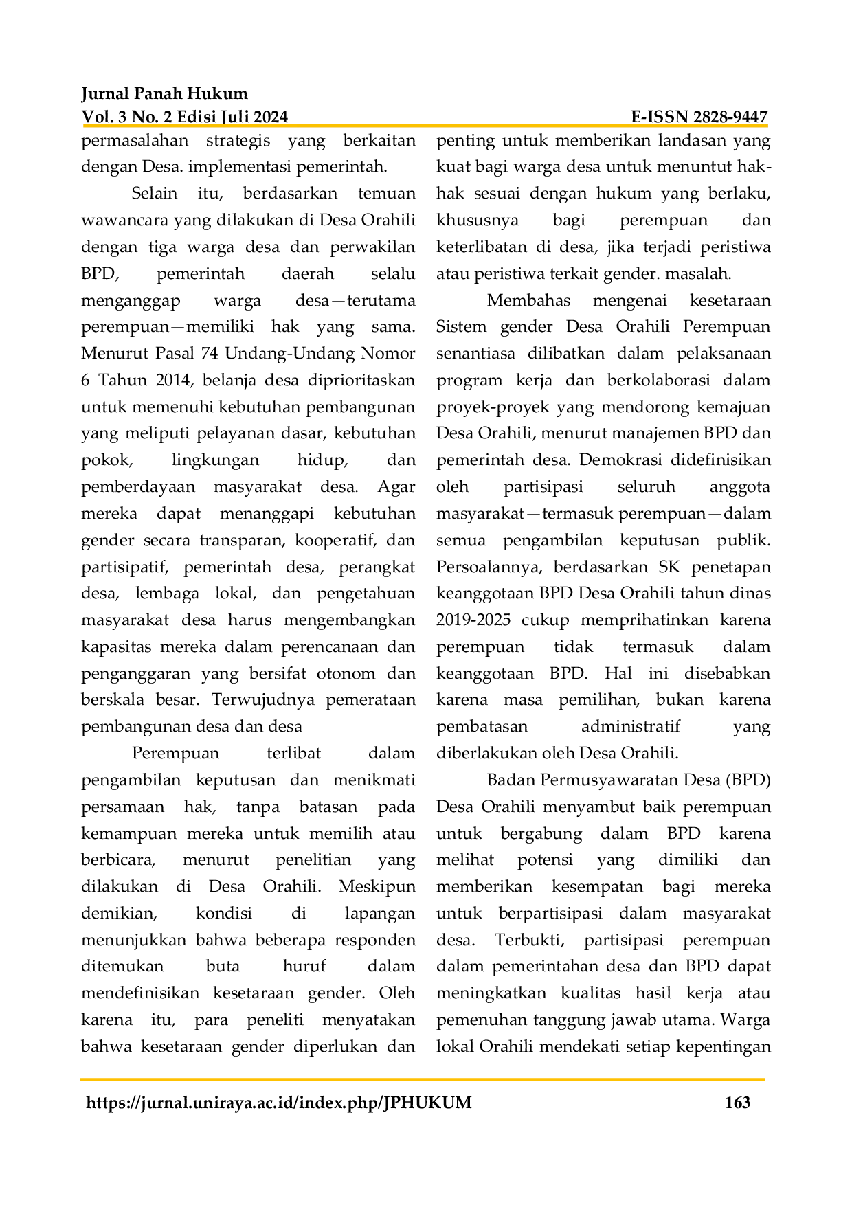 JURIS Keterwakilan Perempuan Pada Pemilihan Badan Permusyawaratan Desa Sebagai Upaya Partisipasi Dalam Pembangunan Desa