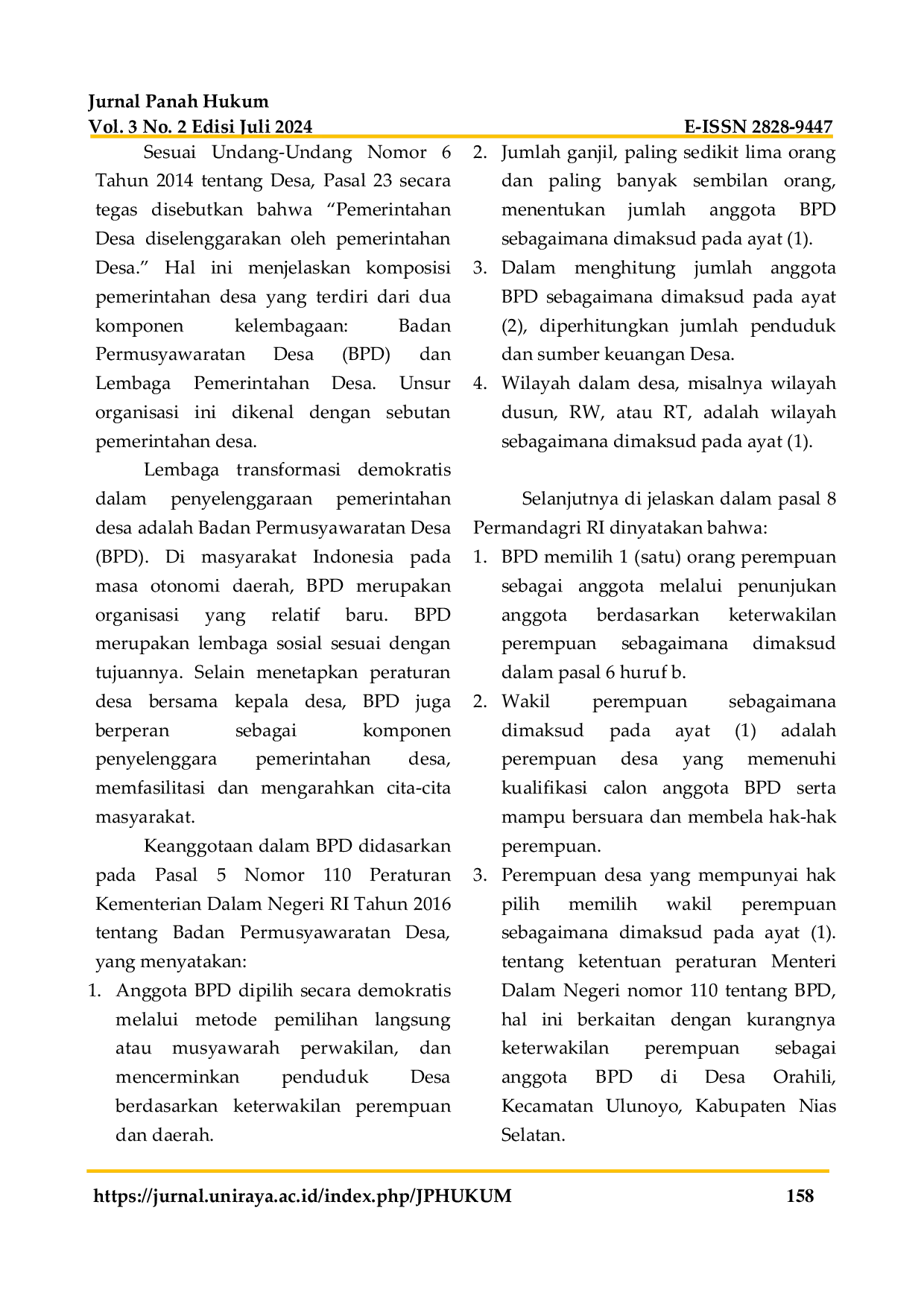 JURIS Keterwakilan Perempuan Pada Pemilihan Badan Permusyawaratan Desa Sebagai Upaya Partisipasi Dalam Pembangunan Desa