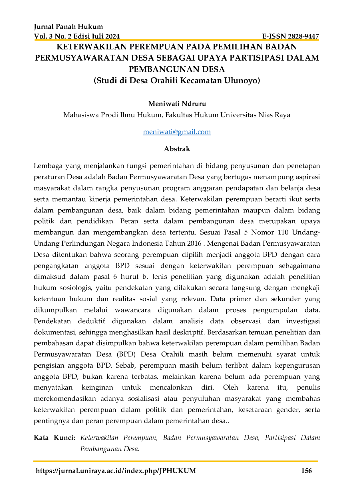 JURIS Keterwakilan Perempuan Pada Pemilihan Badan Permusyawaratan Desa Sebagai Upaya Partisipasi Dalam Pembangunan Desa